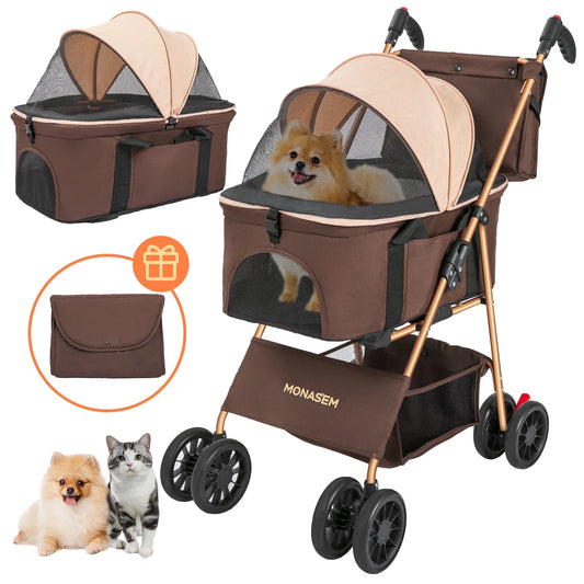 4-Wheel Foldable Pet Stroller 3-in-1 with Waterproof Detachable Travel Carrier for Small to Medium Dogs and Cats up to 60 lbs, Brown
