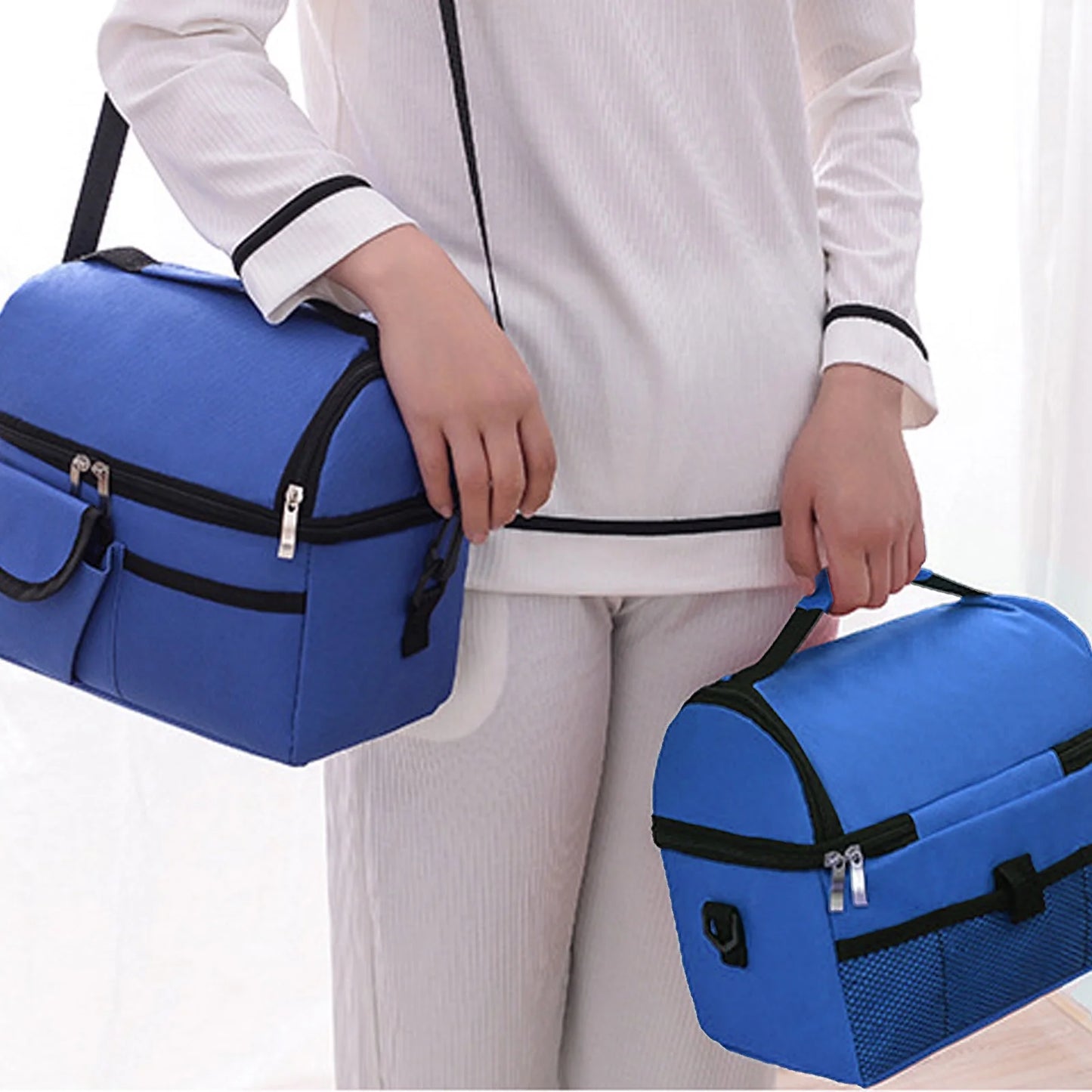Large Insulated Lunch Bag for Women and Men, Blue Oxford Fabric Dual Compartment Reusable Lunch Box for School Office Work Picnic, Leakproof Cooler Lunch Tote Bag with Adjustable Shoulder Strap