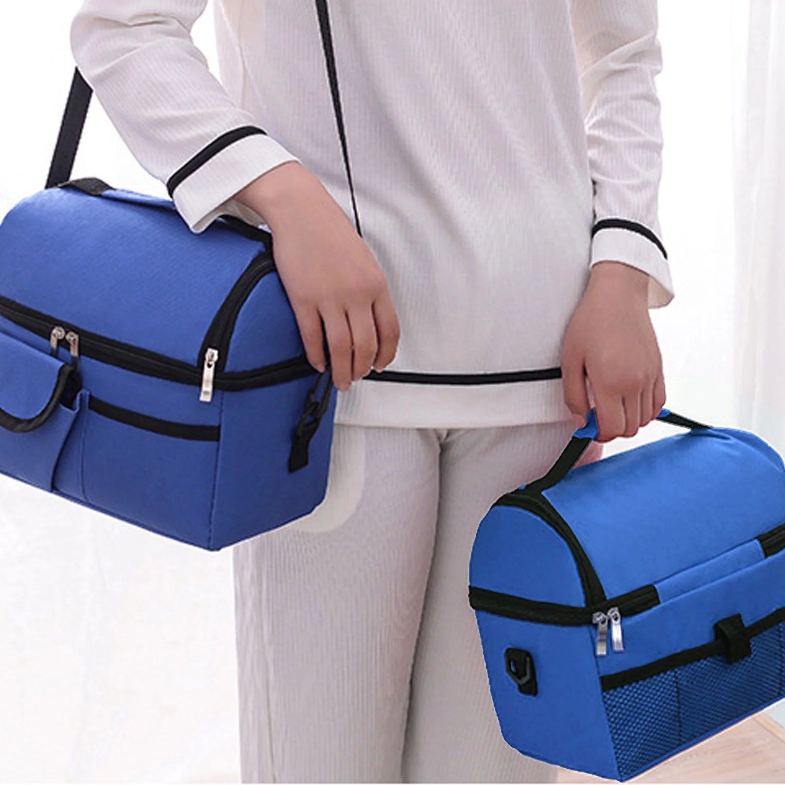 Large Insulated Lunch Bag for Women and Men, Blue Oxford Fabric Dual Compartment Reusable Lunch Box for School Office Work Picnic, Leakproof Cooler Lunch Tote Bag with Adjustable Shoulder Strap