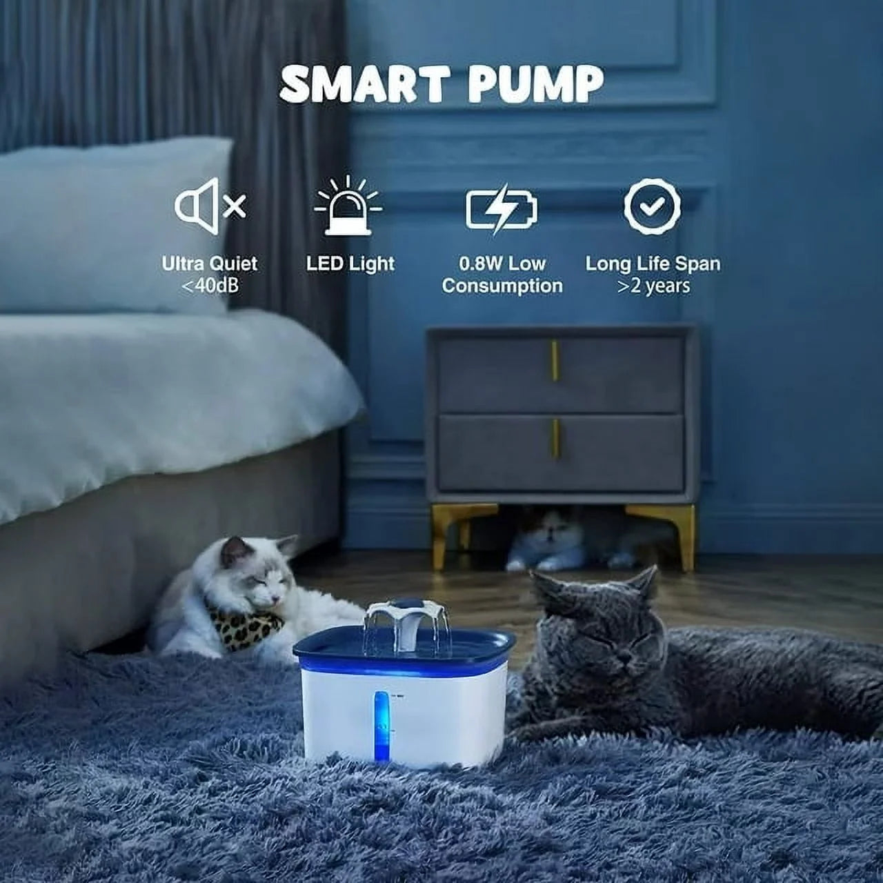 2.8L Automatic Pet Water Fountain with Anti-Slip Mat and Replacement Filters - White & Blue