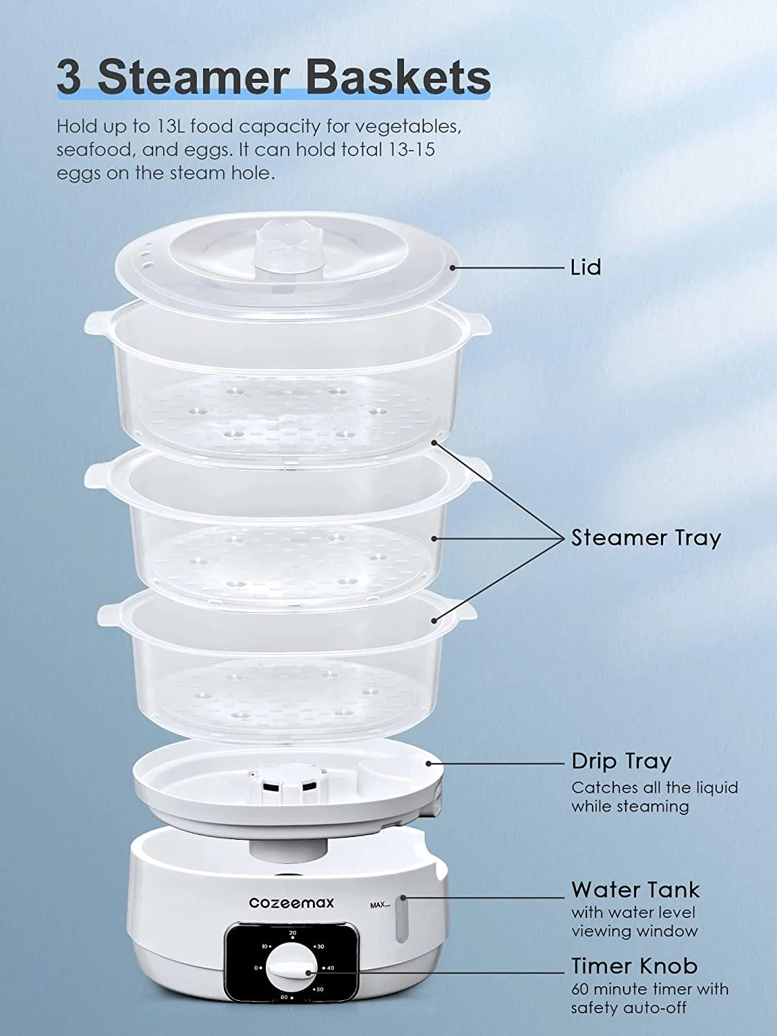 Food Steamer 13 L In3-Tier in Electric Steamer