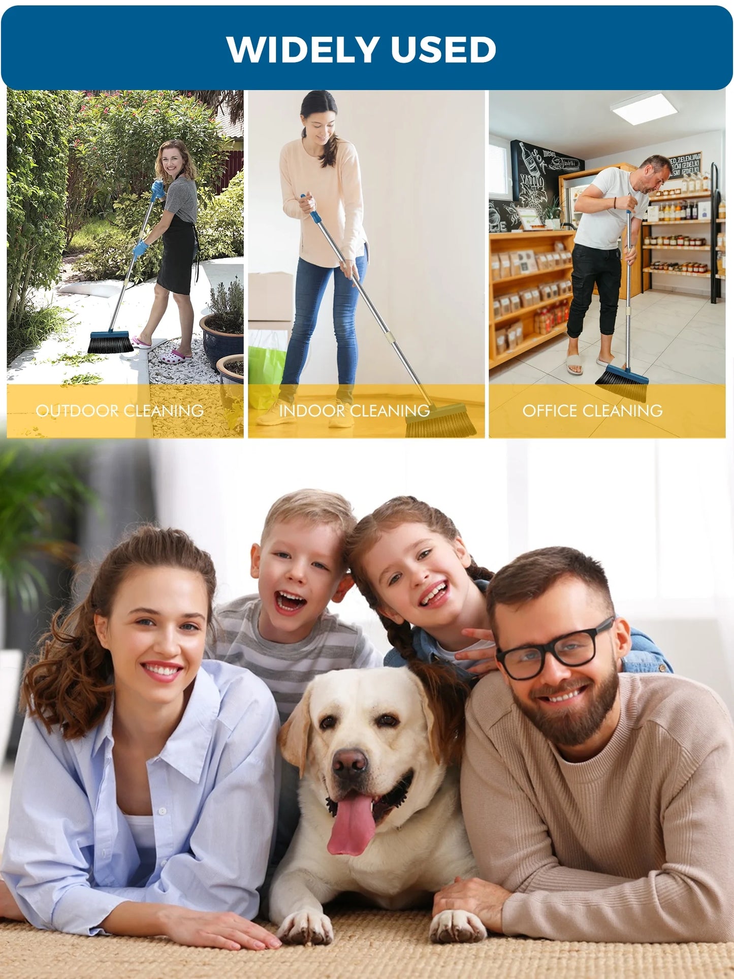 Upgrade Broom and Dustpan Set for Home,Self-Cleaning with Dustpan Teeth,51.2In,Stand Up,Blue