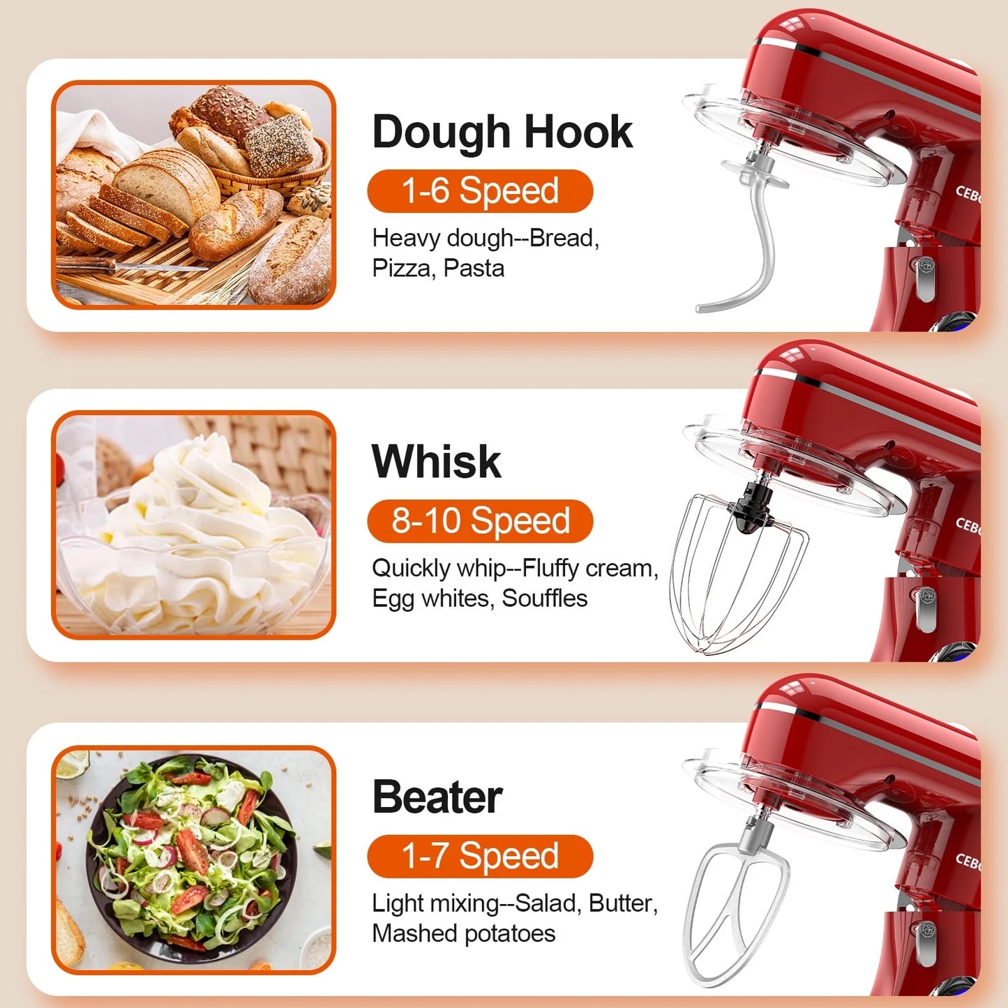 3-in-1 Stand Mixer with 6.5 QT Tilt-Head, 10-Speed Settings, Includes Dough Hook, Beater, Whisk, and Mixing Bowl for Home Chefs