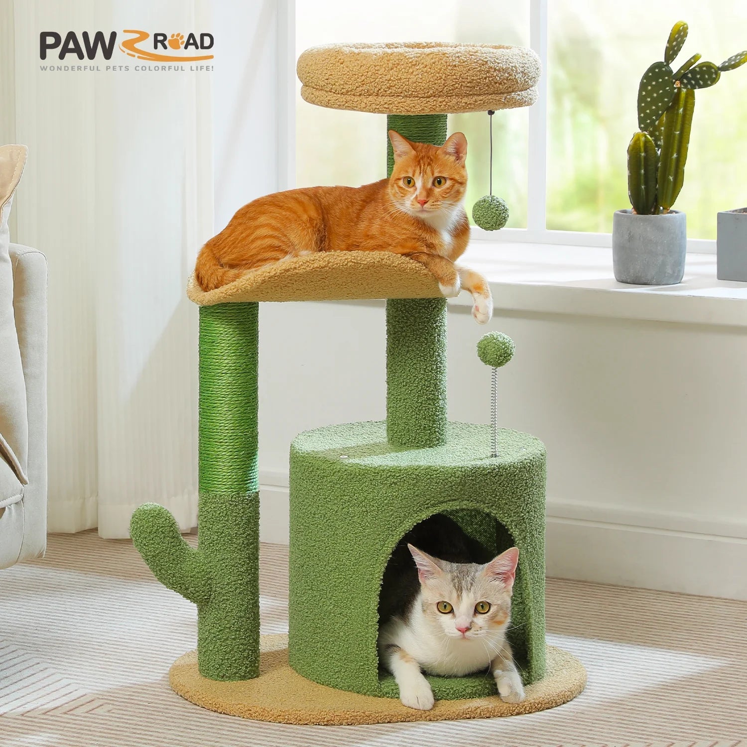 32-Inch Cactus Cat Tree Tower with Scratching Posts and Cozy Condo Perch for Indoor Cats, Green