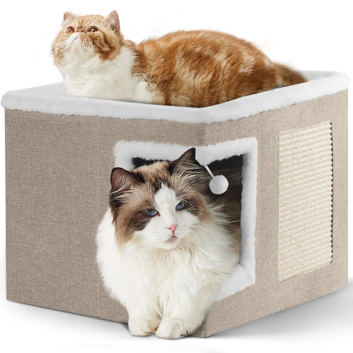 Indoor Pet Bed for Cats - Foldable Covered Kennel with Integrated Scratching Board, Ideal for Small Pets, Light Gray