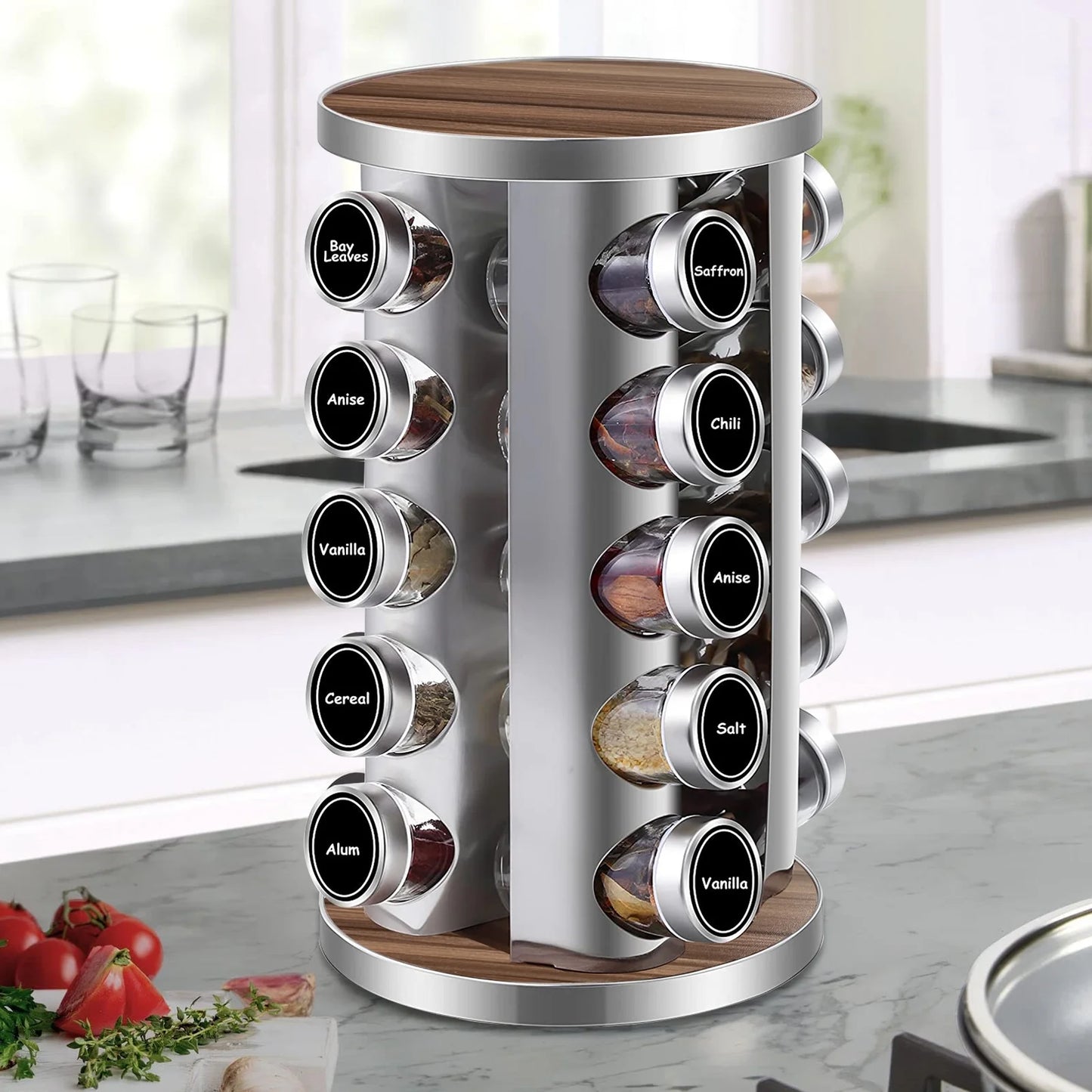 Rotating Spice Rack Organizer with Jars(20Pcs), Seasoning Organizer for Cabinet, Seasoning Rack for Countertop Kitchen, Revolving Stainless Steel Spice Organizer