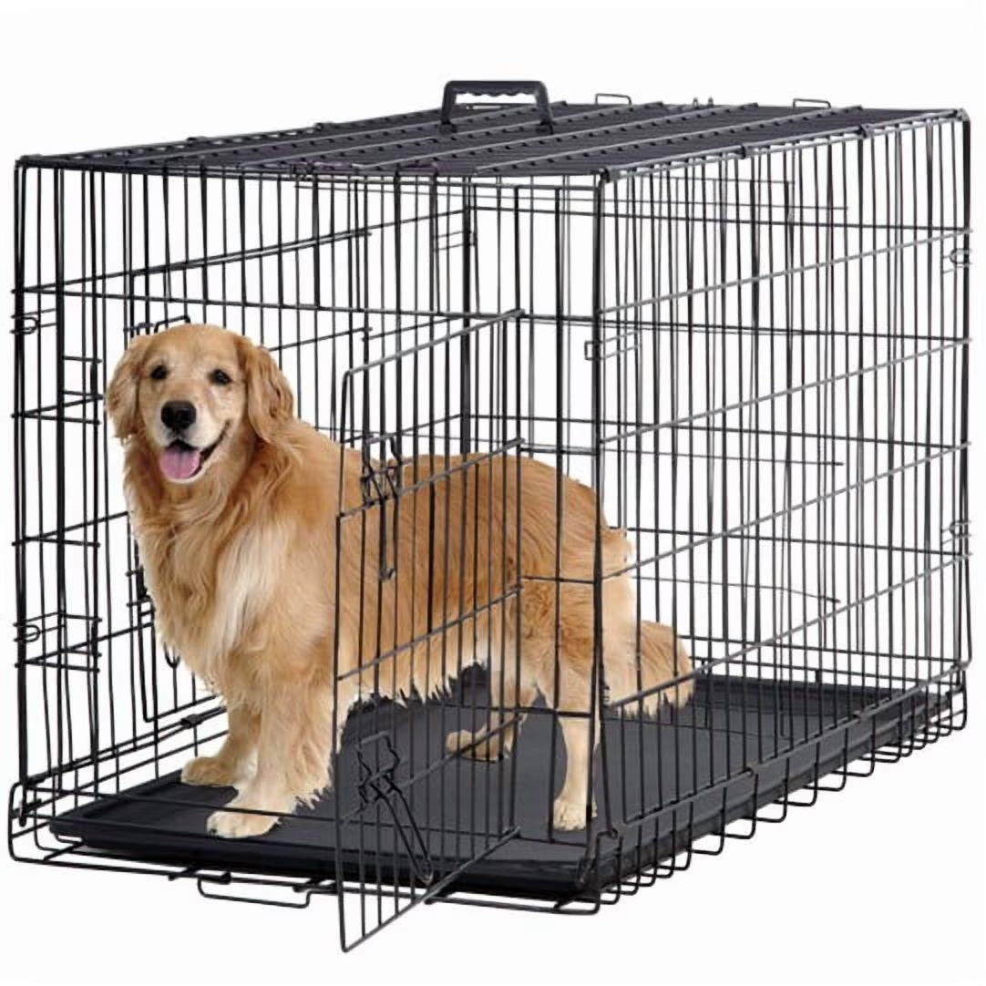 48-Inch Foldable Metal Dog Crate for Large Breeds with Double Doors, Divider, and Removable Tray (Black)