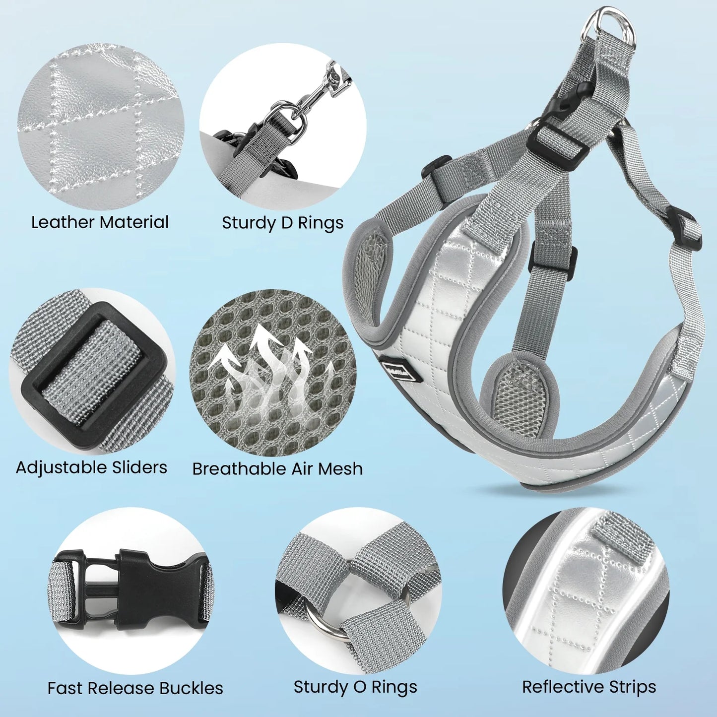 Adjustable Reflective Dog Harness and Leash Set, Escape-Proof No-Pull Vest for Small to Large Dogs, Gray, Size XS