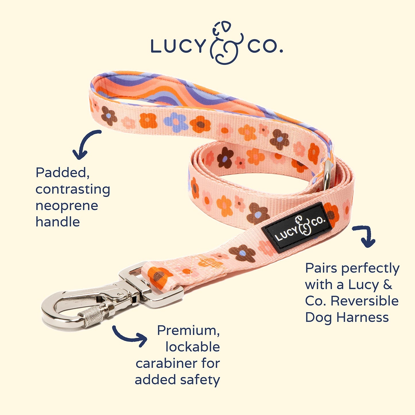 Lucy & Co. Designer Dog Leash - Pet Accessories - Thick Dog Leash - Padded Handle for Comfort - Purple with Green Floral - 5 Foot (Purple Coral Floral, Small)