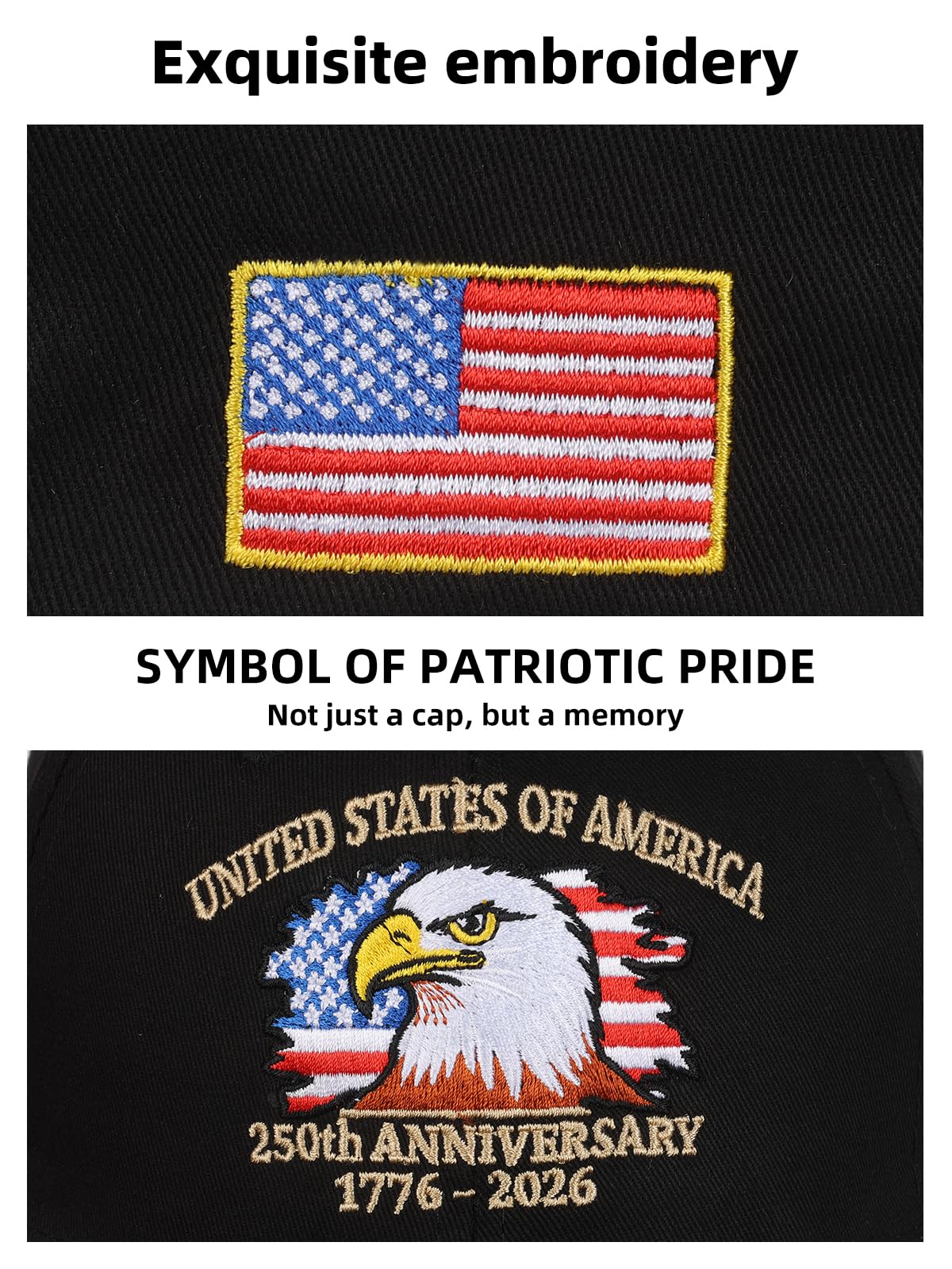 250th USA Anniversary hat，Patriotic Eagle Pattern Adjustable 250th Anniversary Vintage Embroidered Baseball Cap, Unisex (Black)