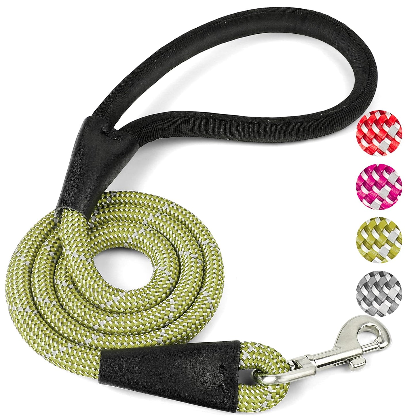 Pudiwind Green 4FT Dog Leash for Large Dogs Night Walking Reflective Heavy Duty Chew-Resistant Nylon Leash with Padded Handle and 360° Swivel Clip Strong for Medium to Large Breeds