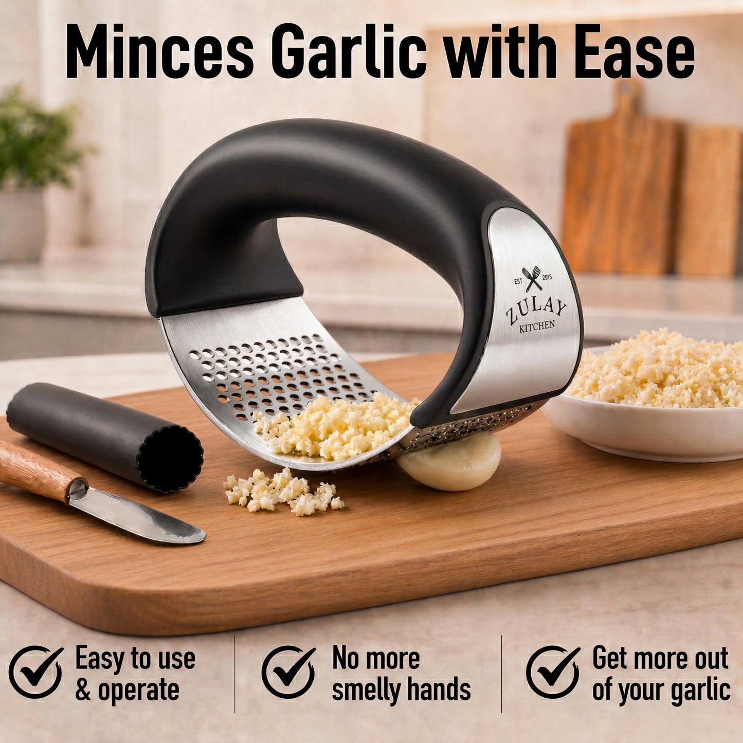 Zulay Kitchen Stainless Steel Garlic Press Rocker Set - Premium Garlic Mincer Garlic Crusher - New Innovative Garlic Crusher with Peeler and Scraper - Comfortable Grip (Black)