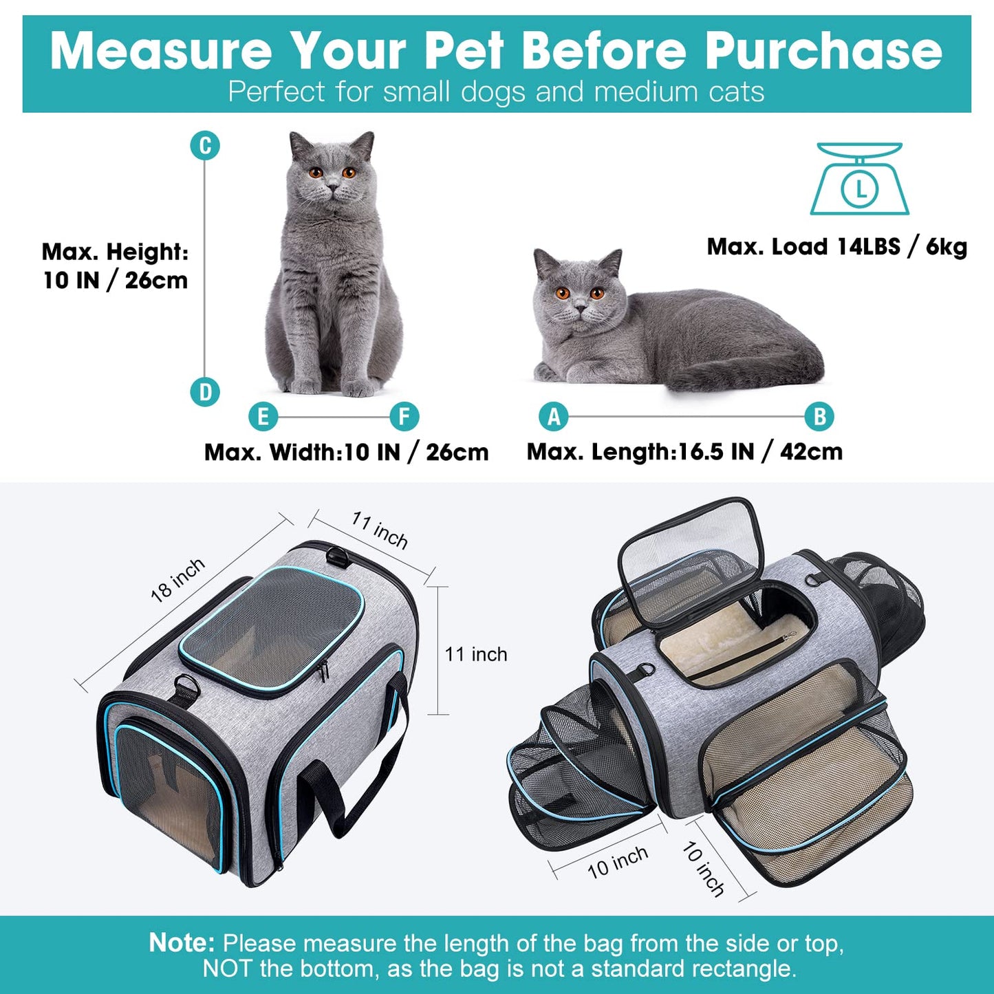 Siivton 4 Way Expandable Pet Carrier, Airline Approved Collapsible Cat Soft-Sided Carriers W/Removable Fleece Pad for Cats, Puppy, Small Dogs (18"x 11"x 11")