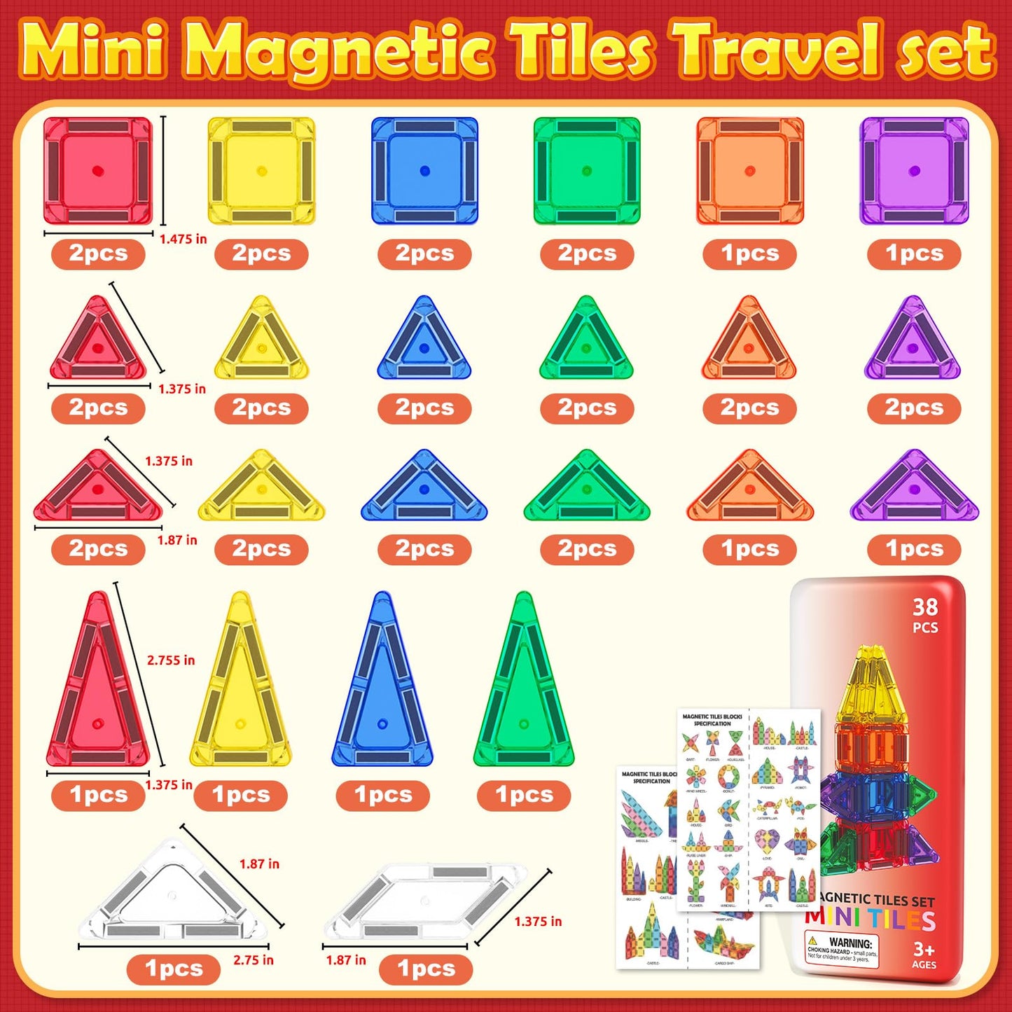 ORZbb Travel Mini Magnetic Tiles with Case Toddler Road Trip Essentials Set, Magnetic Blocks Building Toys for 3+ Year Old Boys Girls Preschool Montessori Sensory Learning Birthday Gifts