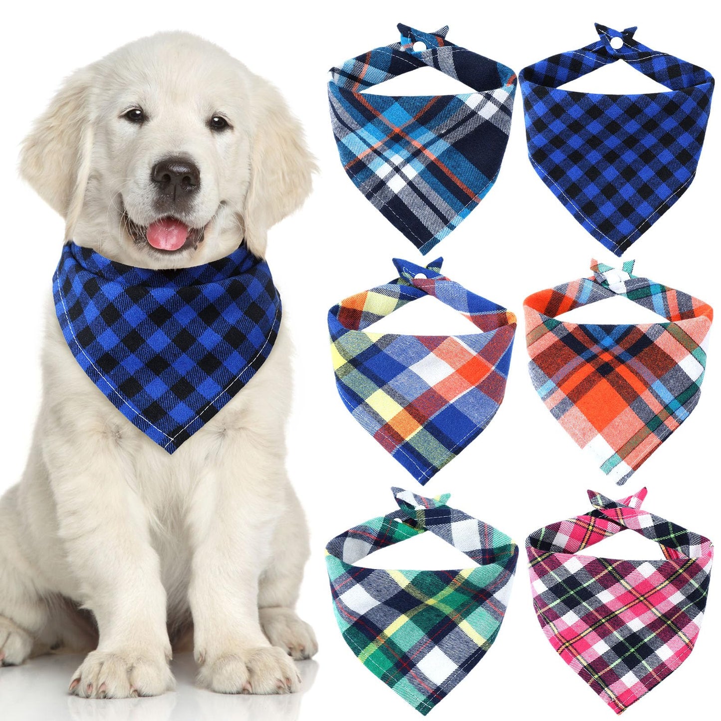 Christmas Dog Bandanas, 6 Pieces Triangle Dog Bandana Washable Square Plaid Printing Adjustable Kerchief Set for Small to Large Puppy Cat(16.1 Inch,Classic Button Style)