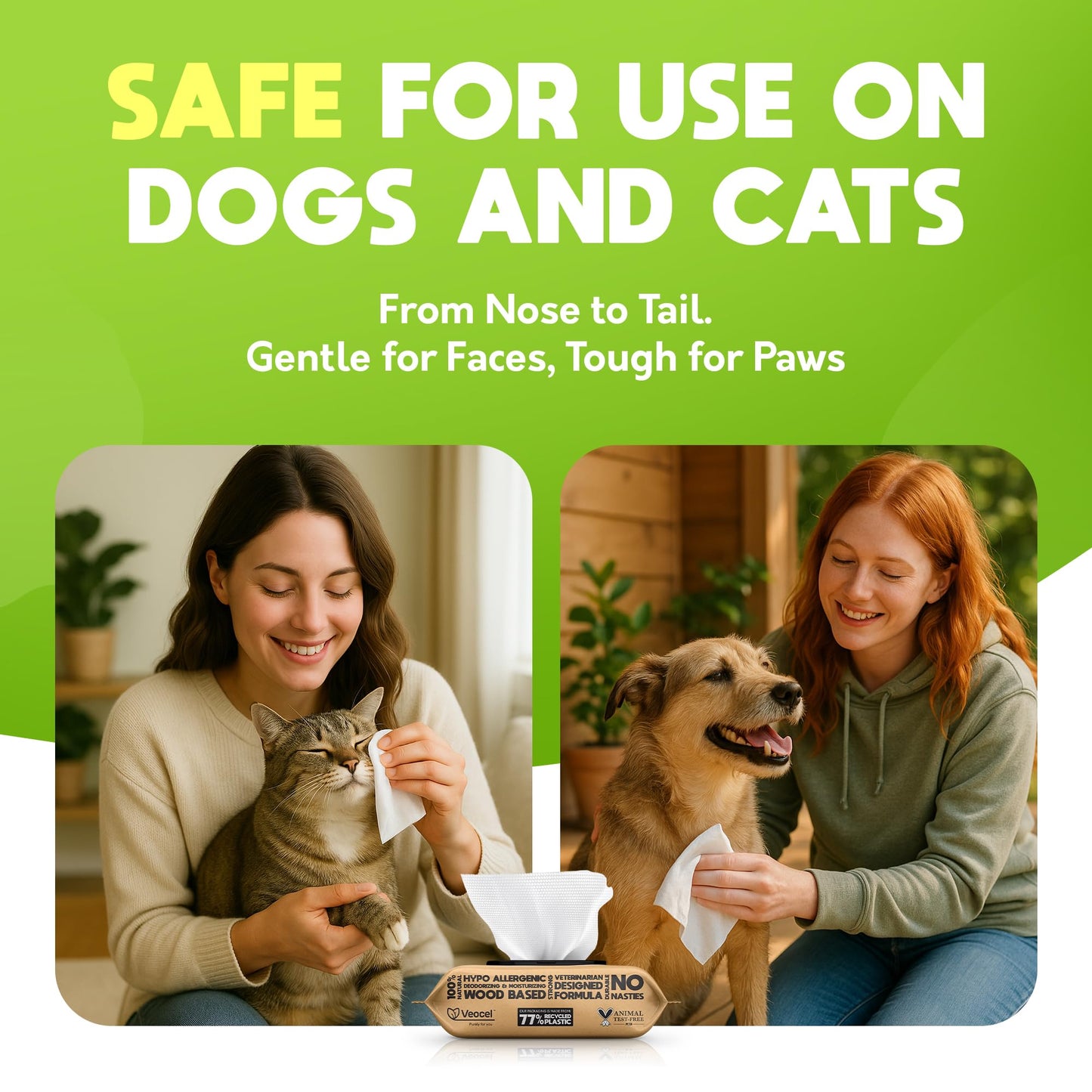 Lick-Safe Daily Pet Wipes for Dogs & Cats - Vet-Approved & Hypoallergenic - Cleans Mud, Odor & Dander - Wipes for Paws, Face & Butt - 10% to Charity - Earth-Friendly & Unscented Cleaning - Pack of 100