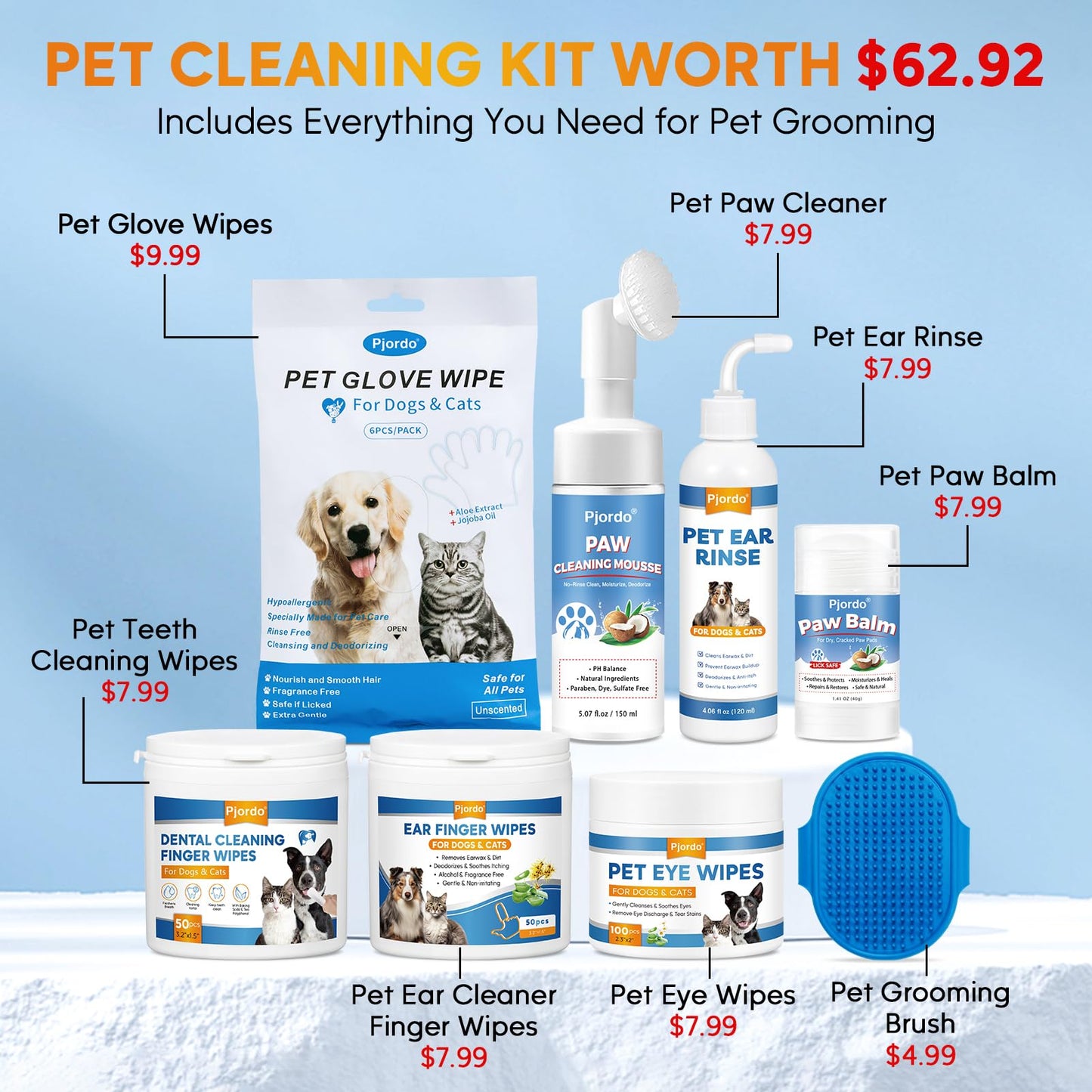 Pjordo Dog Wipes Cleaning Deodorizing, Grooming Wipes & Paw Cleaner, Pet Cleaning Kit for Teeth, Ears, Eyes, Paw, Body, Ear Rinse, Essential Dog Supplies Set