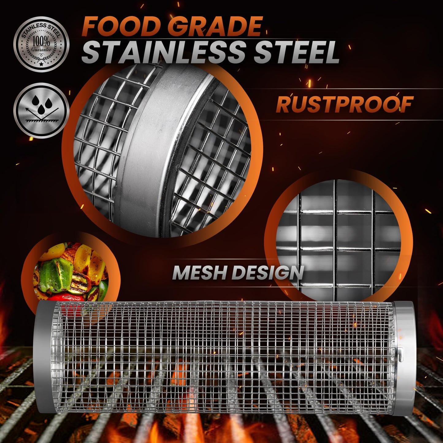 Modaura 2PCS Rolling Grill Baskets for Outdoor Grill, Big Green Egg Accessories-Set Includes Fork, Hook, and Oil Brush-304g Stainless Steel-Perfect Gifts for Dad, Camping Must Haves, Unique Gifts