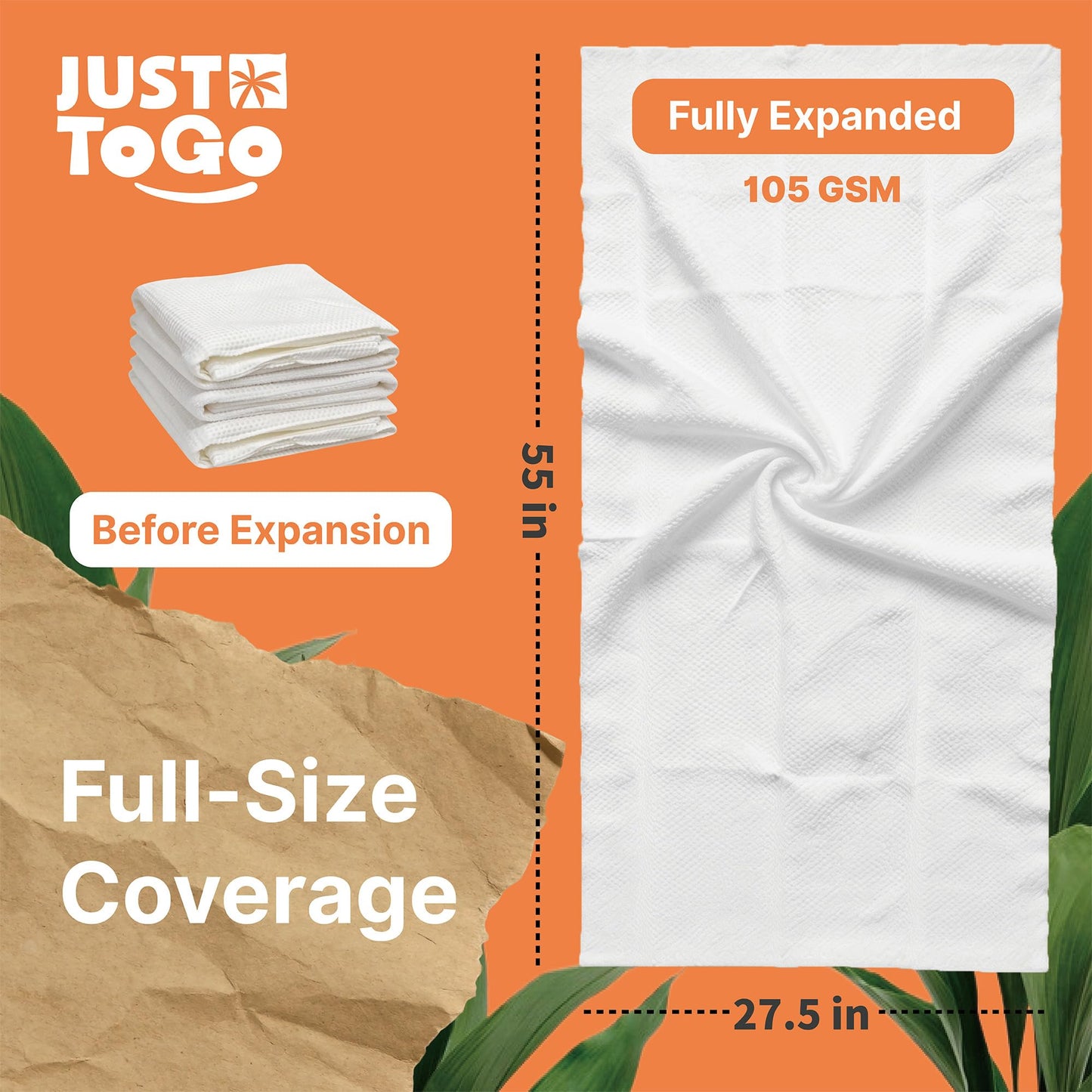 Just To Go Disposable Compressed Bath Towels 3 Pack, Large 55 x 27.5 in, Ultra Soft Thick Absorbent Non-Woven Towels, Individually Wrapped for Camping, Gym, Hiking,Travel Essentials