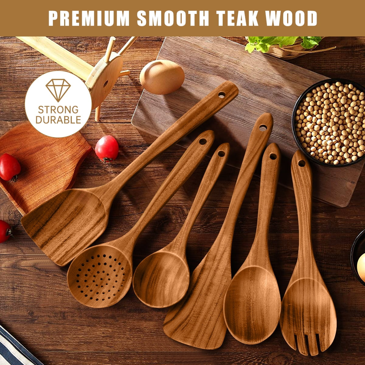 Teak Wood Cooking Utensil Set - 6 Piece Lightweight, Sturdy, and Heat Resistant Wooden Spoons and Spatula for Nonstick Pans and Cookware