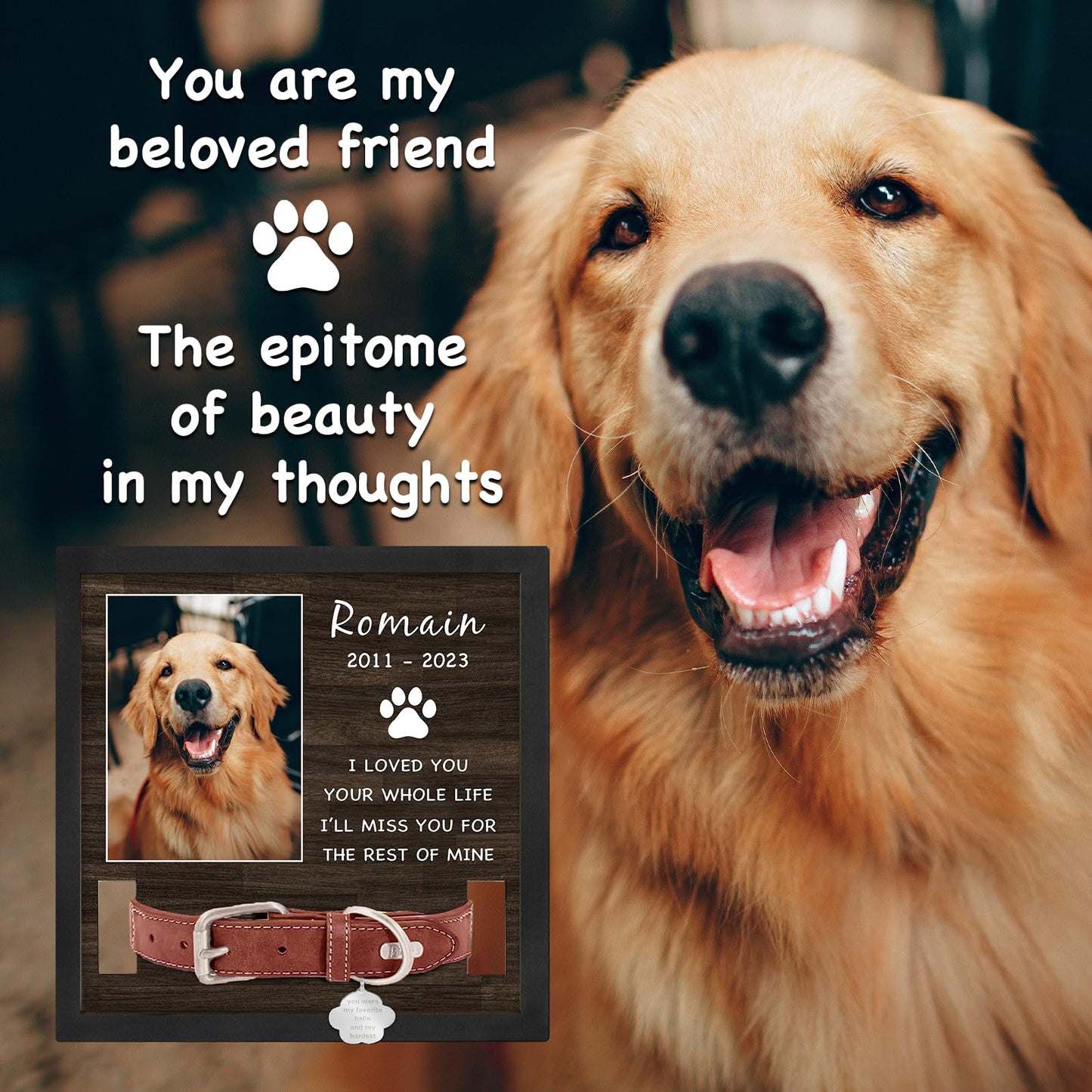 PUREFLY Personalized Pet Picture Frame Memorial Gifts for Loss of Dog- Fits 3 Collar Lengths, in Memory of Dog Passing Away Sympathy Gifts, Cat Memorial