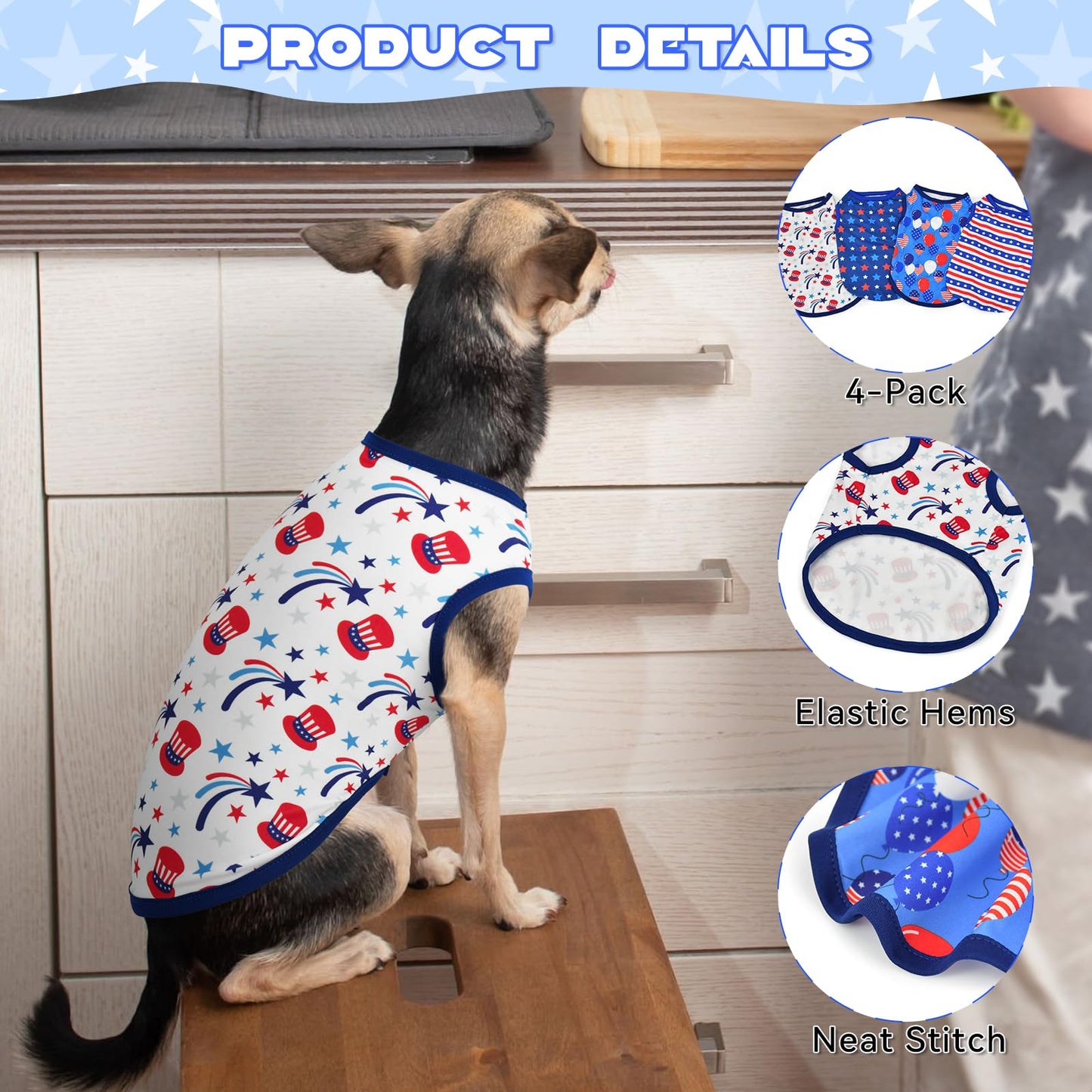 Vehomy 4-Pack Patriotic Dog Tank Tops 4th of July USA Flag Star Stripe Puppy Sleeveless Outfits America 250th Anniversary Pet Shirts for Small Medium Puppy Dogs Cats XS
