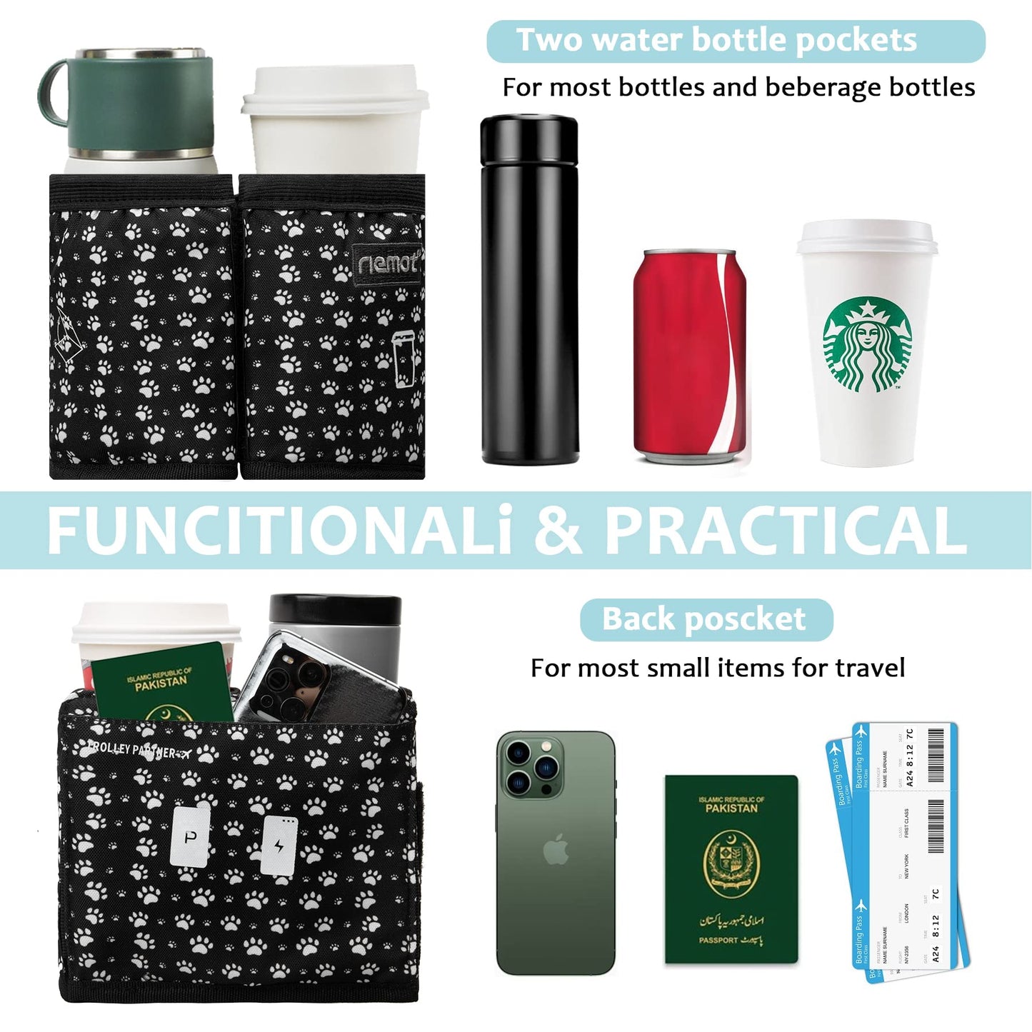riemot Luggage Travel Cup Holder Free Hand Drink Caddy - Hold Two Coffee Mugs - Fits Roll on Most Suitcase Handles - Gifts for Flight Attendants &Frequent Travelers Accessories Cat Paw