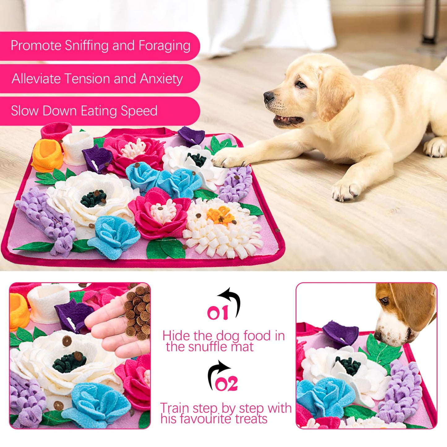 Meilzer Snuffle Mat for Dogs Pet Treats Feeding Mat for Small/Medium Breed Dogs Non-Slip/Portable/Durable Interactive Dog Puzzle Toys Encourages Natural Foraging Skills (Rose Pink)