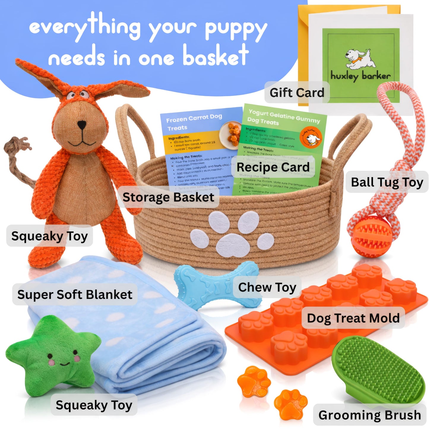 Premium Puppy Starter Kit - New Puppy Gift Basket with Essentials, Toy Box, Treat Tray, Training Supplies, Chew & Squeaky Toys for Puppies and Small Dogs - Complete Dog Must Haves for New Dog Owners