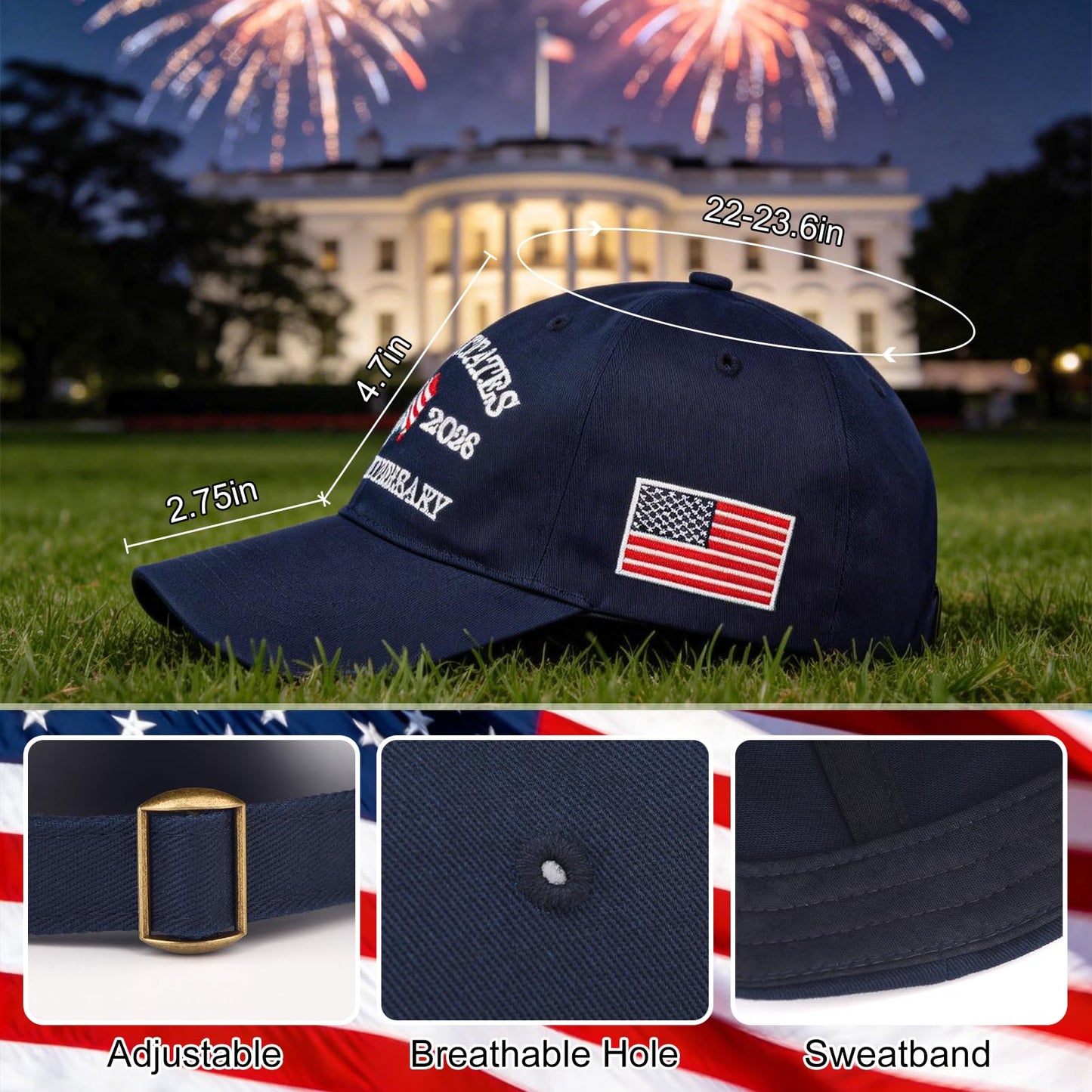 LCZTN 2 Pack 250th Anniversary USA Hat 2026 Patriotic Baseball Cap for Men Women,American 250 Year Anniversary Merchandise (US, Alpha, One Size, Navy Blue ＆ Red)