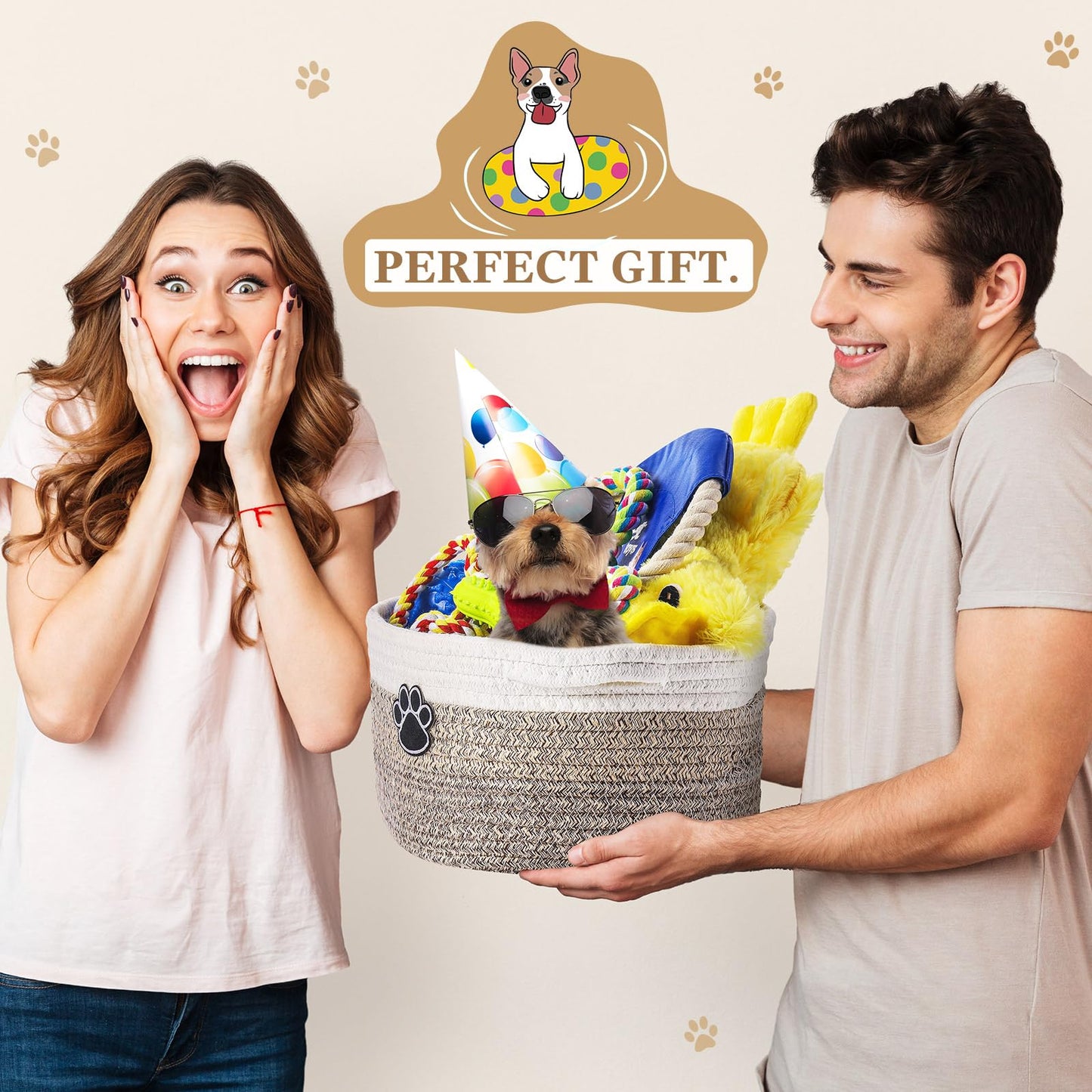 Zopeal Puppy Dog Toy Gift Storage Basket with Dog Toys Set Chew Toys Birthday Gift Basket Teething Interactive Squeaky Duck for Teething Small Medium Large Dogs(Khaki)