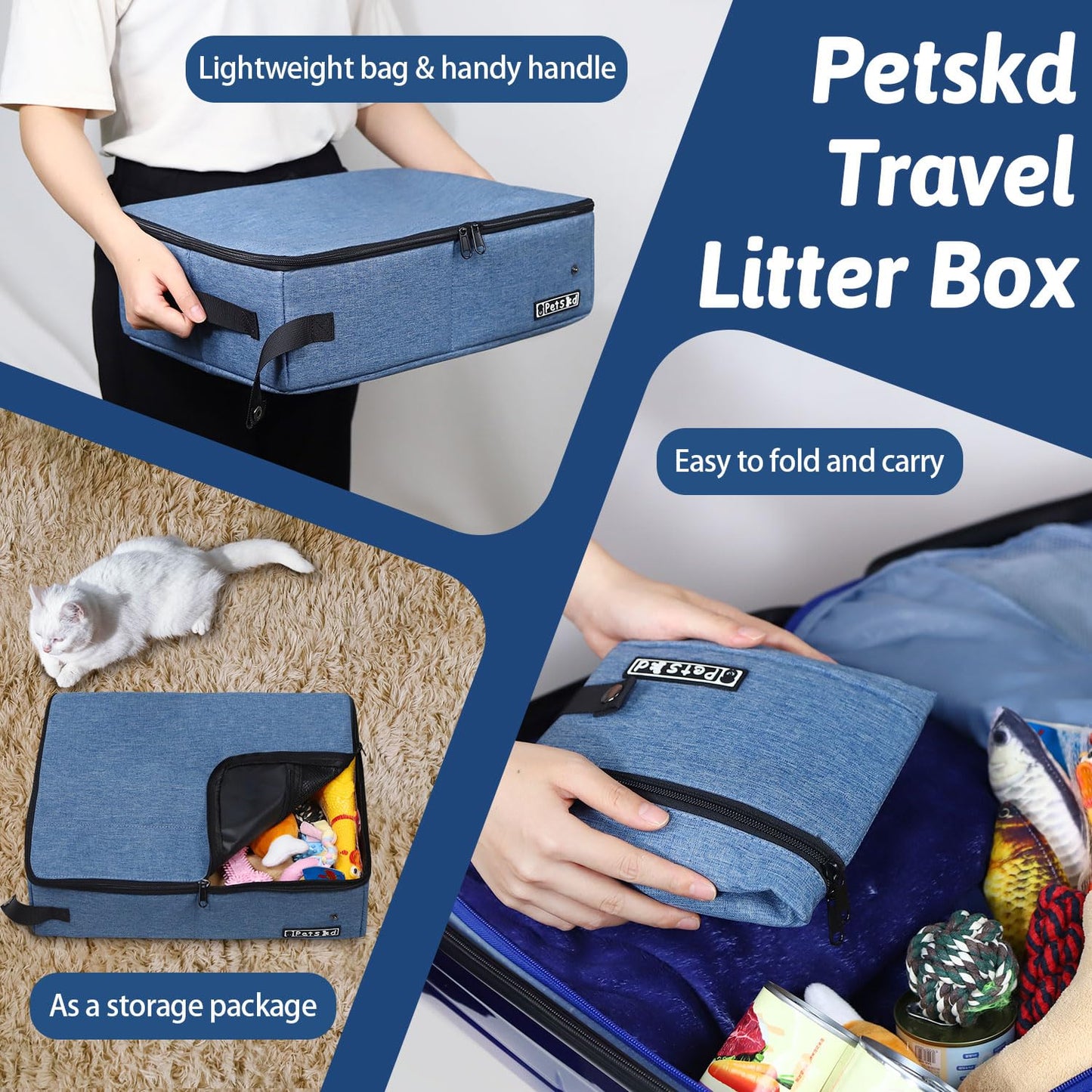 Petskd Portable Cat Travel Litter Box with Lid and 10 pcs Disposable Liner Bags, Leak-Proof and Collapsible, Cat Travel Essentials for Car, Hotel, Airplane and Other Outdoor Use(Blue)