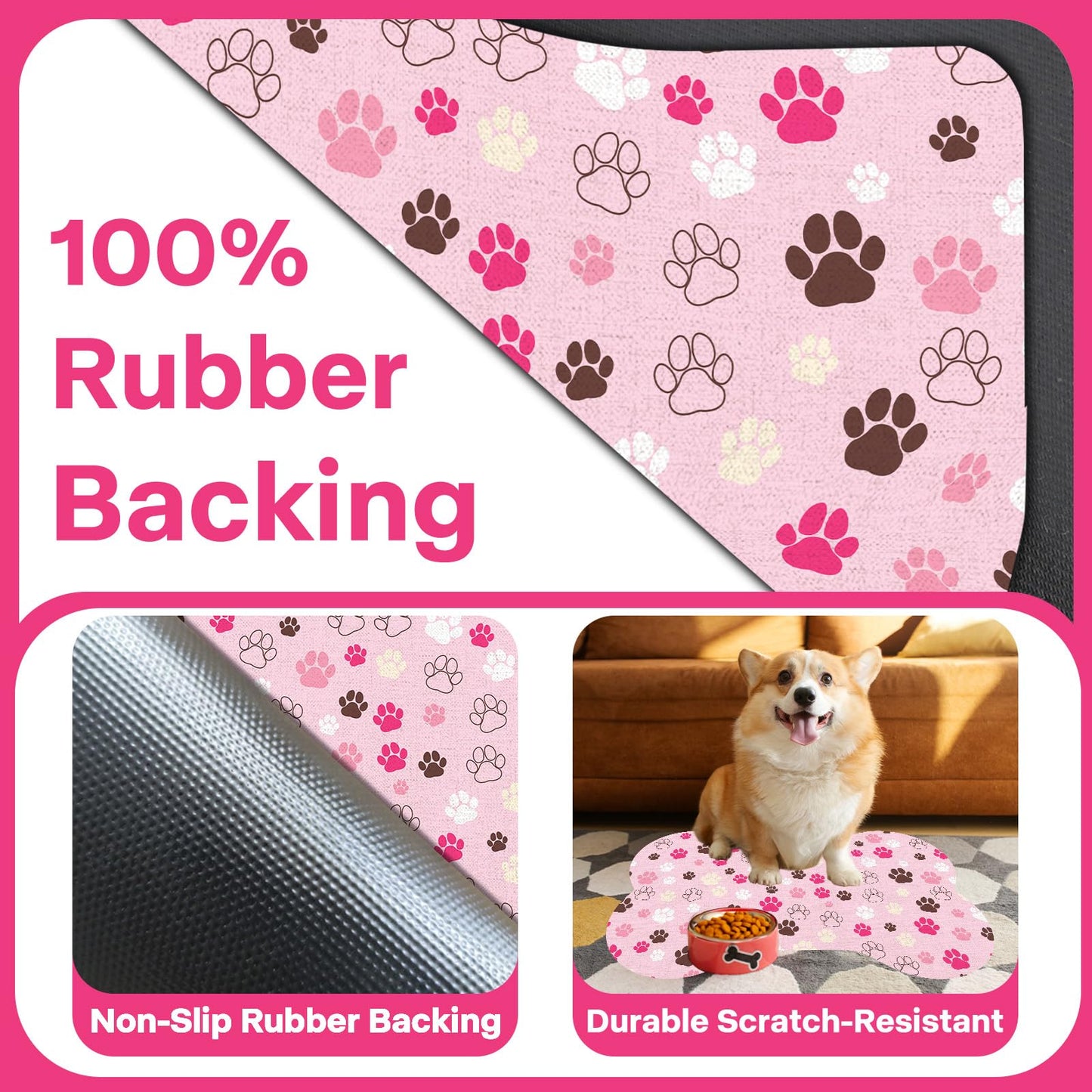 Pet Dog Cat Food Mat, Absorbent Bone Shaped Dog Bowl Mats for Food and Water, Non Slip Cute Dogs Cat Placemats Feeding Mat with Rubber for Floors Indoor Puppy Pet Accessories Supplies 12"x20" Pink