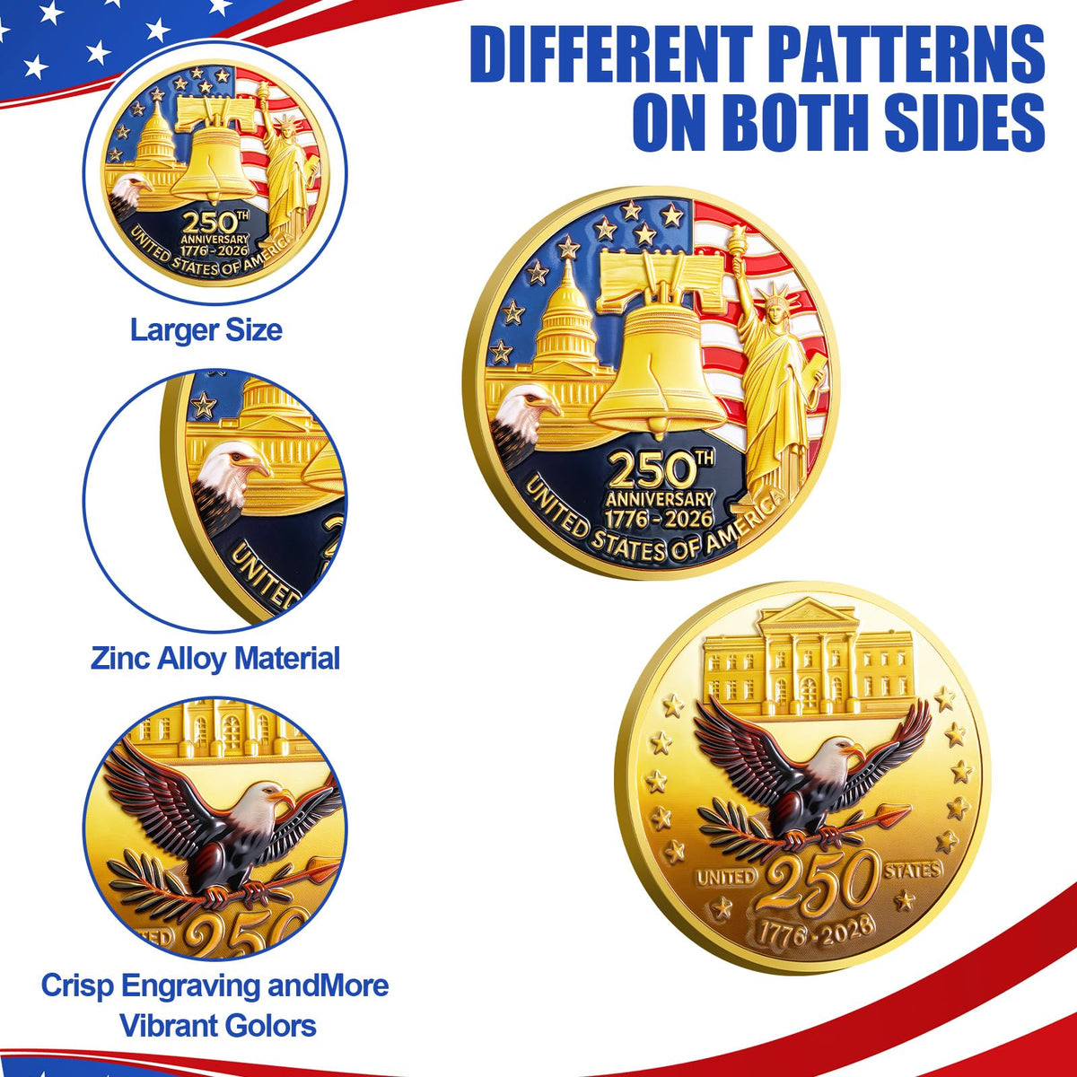Highergo 250th Anniversary Commemorative Coins USA Eagle and Patriotic Symbols Collectible 250 Year Merchandise for Celebration Display Collectors Challenge Coin Gift(10 Pcs,Style 1)