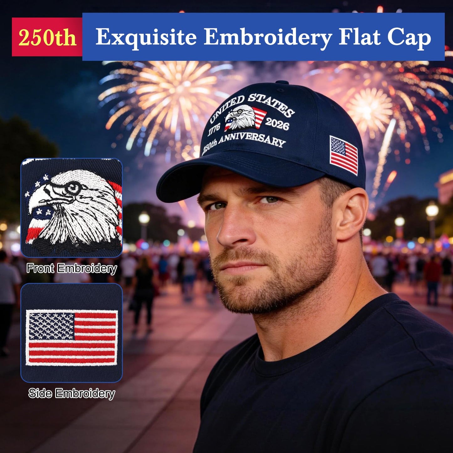 LCZTN 2 Pack 250th Anniversary USA Hat 2026 Patriotic Baseball Cap for Men Women,American 250 Year Anniversary Merchandise (US, Alpha, One Size, Navy Blue ＆ Red)