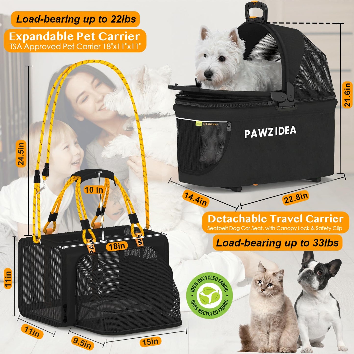 PAWZIDEA Double Pet Stroller with 2 Detachable Carriers, TSA Airline Approved Cat Carrier Expandable, Seatbelt Pet Travel Car Seat, Foldable Dog Cart Jogger Stroller for 2 Cats & Small/Medium Dogs