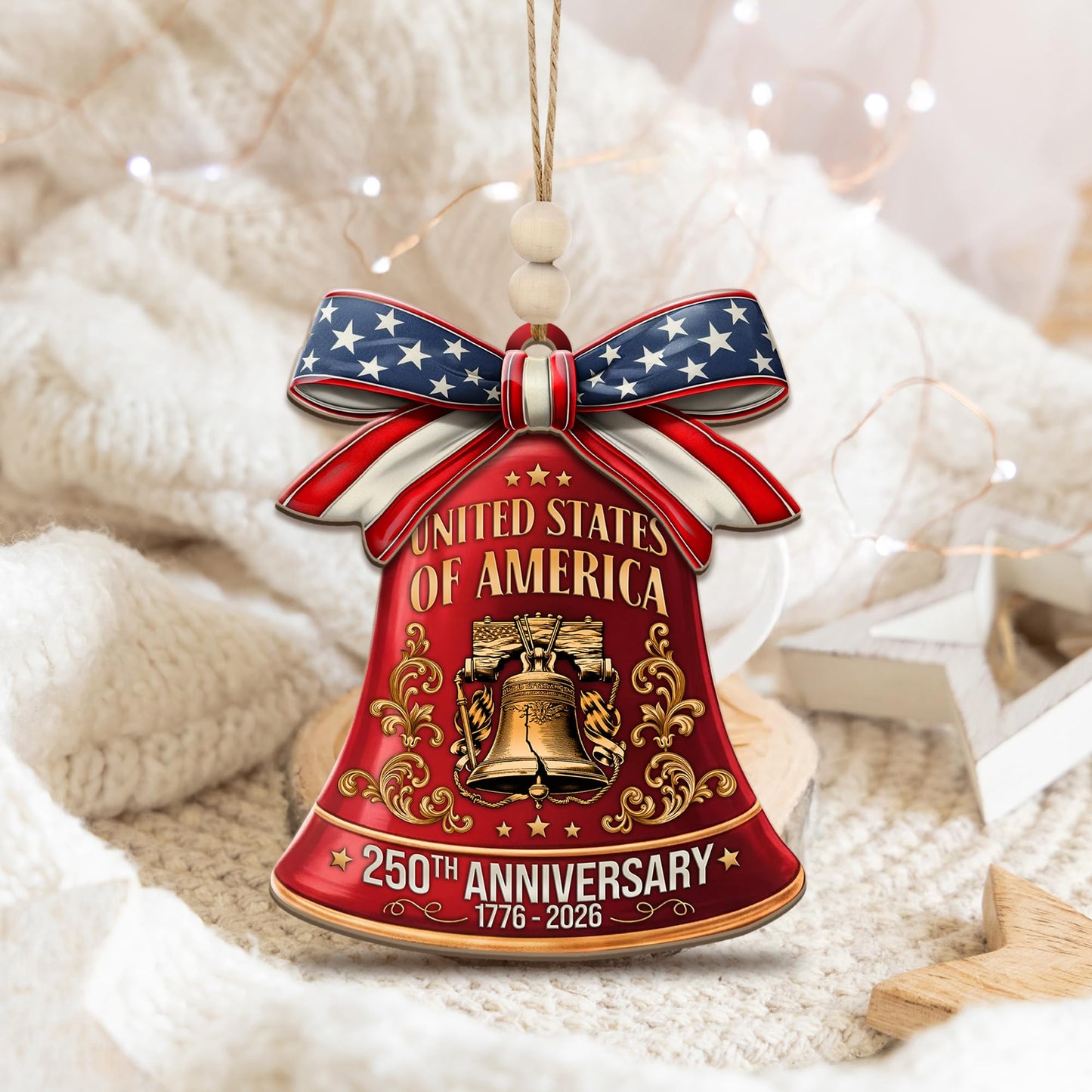 250th Anniversary United States of America Ornament (1776–2026) – Patriotic Wooden Christmas Decoration, Independence Day Keepsake, USA Liberty Bell Hanging Ornament