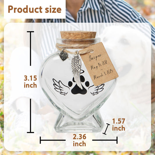 HAMUIERS Pet Memorial Gift for Loss of Dog or Cat, Heart Shape Glass Jar & Bottle for Fur, Hair, Whiskers or Ashes Keepsake Urn with Cork Top, Charms for Cute Rainbow Bridge Memorial, Dog