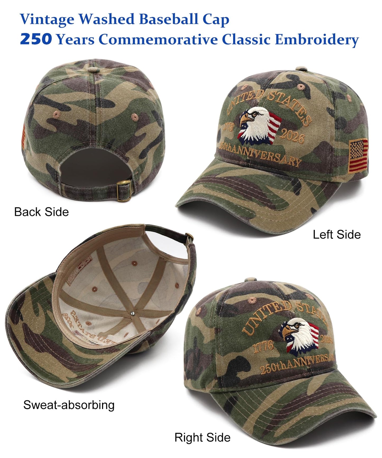 2 Pack USA 250th Anniversary Patriotic Embroidered Baseball Cap 1776-2026, American Eagles Hat-Adjustable Cap for Men&Women (US, Alpha, One Size, Navy Blue+Camouflage)