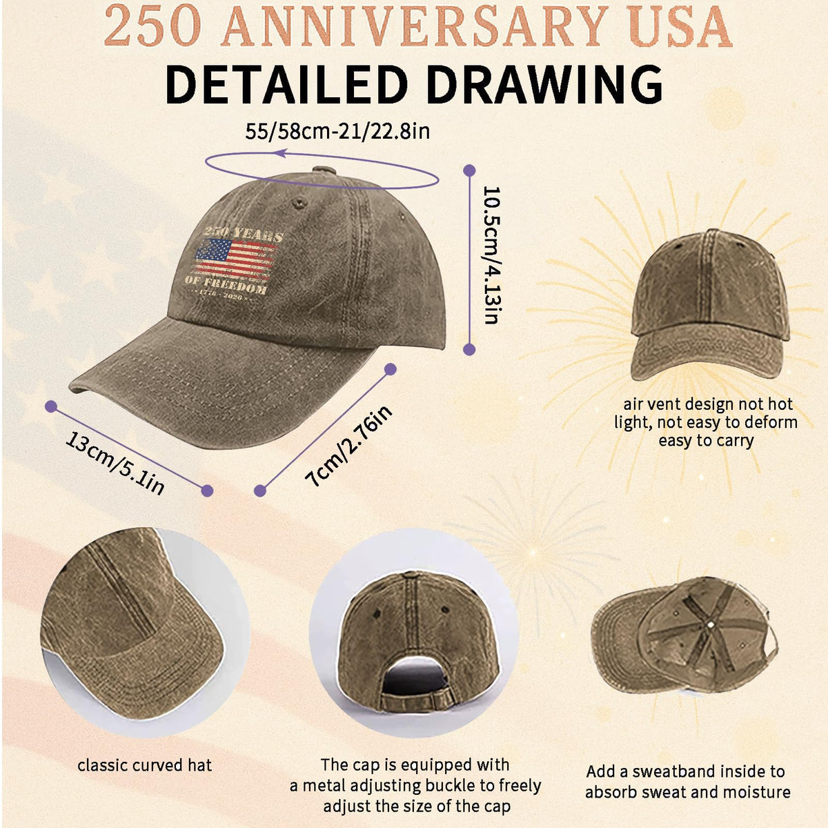 250th Anniversary USA Hat, 250 Anniversary USA Hat, Vintage Patriotic Washed Cotton Baseball Cap for Men Women, 1776–2026 Freedom Gifts