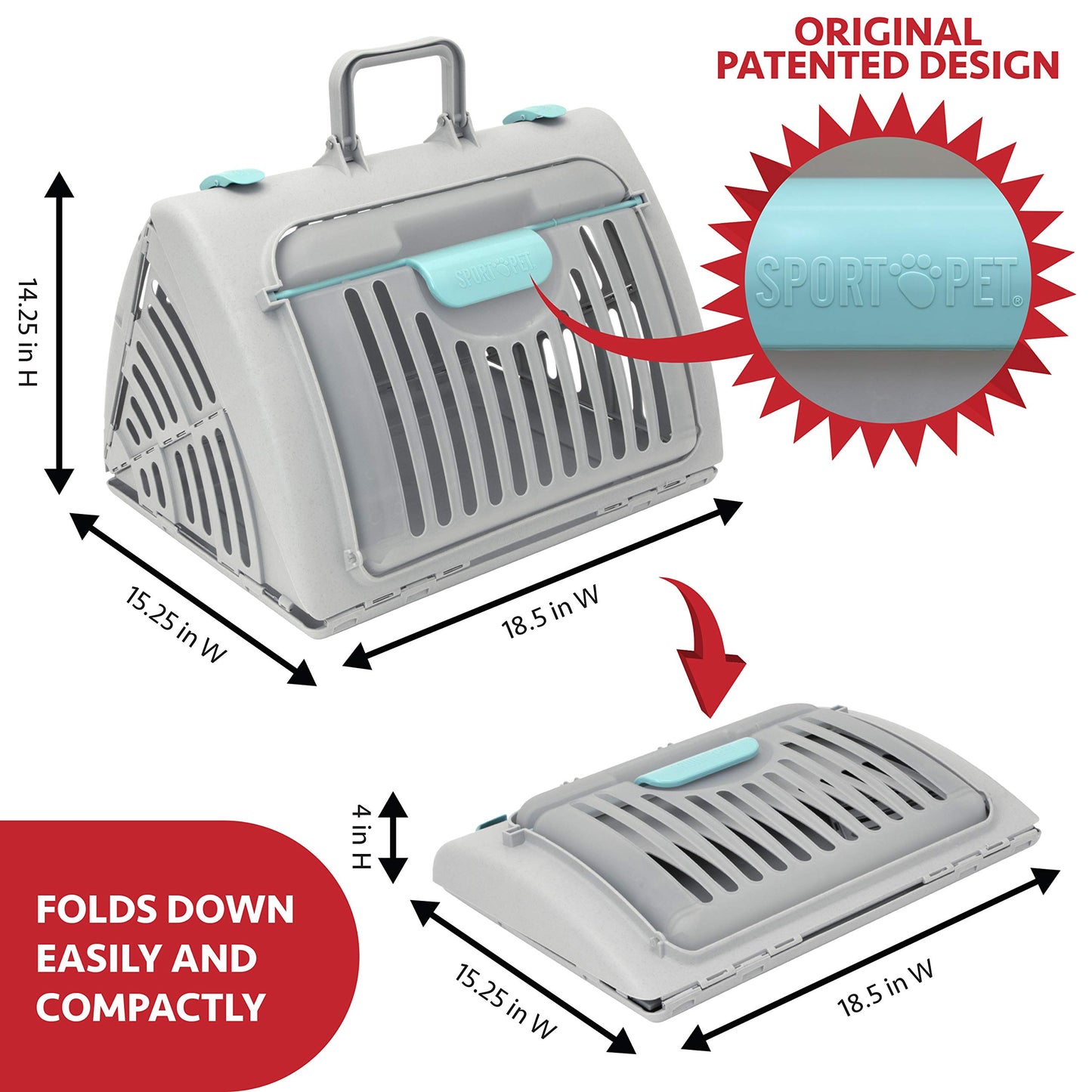 SportPet Designs Sport Pet Foldable Travel Cat Carrier with A Waterproof Bed - Front Door Plastic Collapsible Carrier, Gray (CM-10064-CS01)