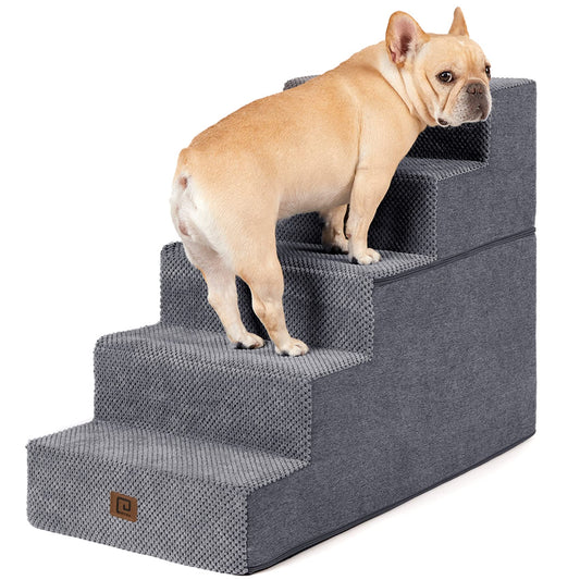 EHEYCIGA Dog Stairs for High Bed 22.5”H, 5-Step Dog Steps for Bed, Pet Steps for Small Dogs and Cats, Non-Slip Balanced Pet Ramp Indoor, Grey