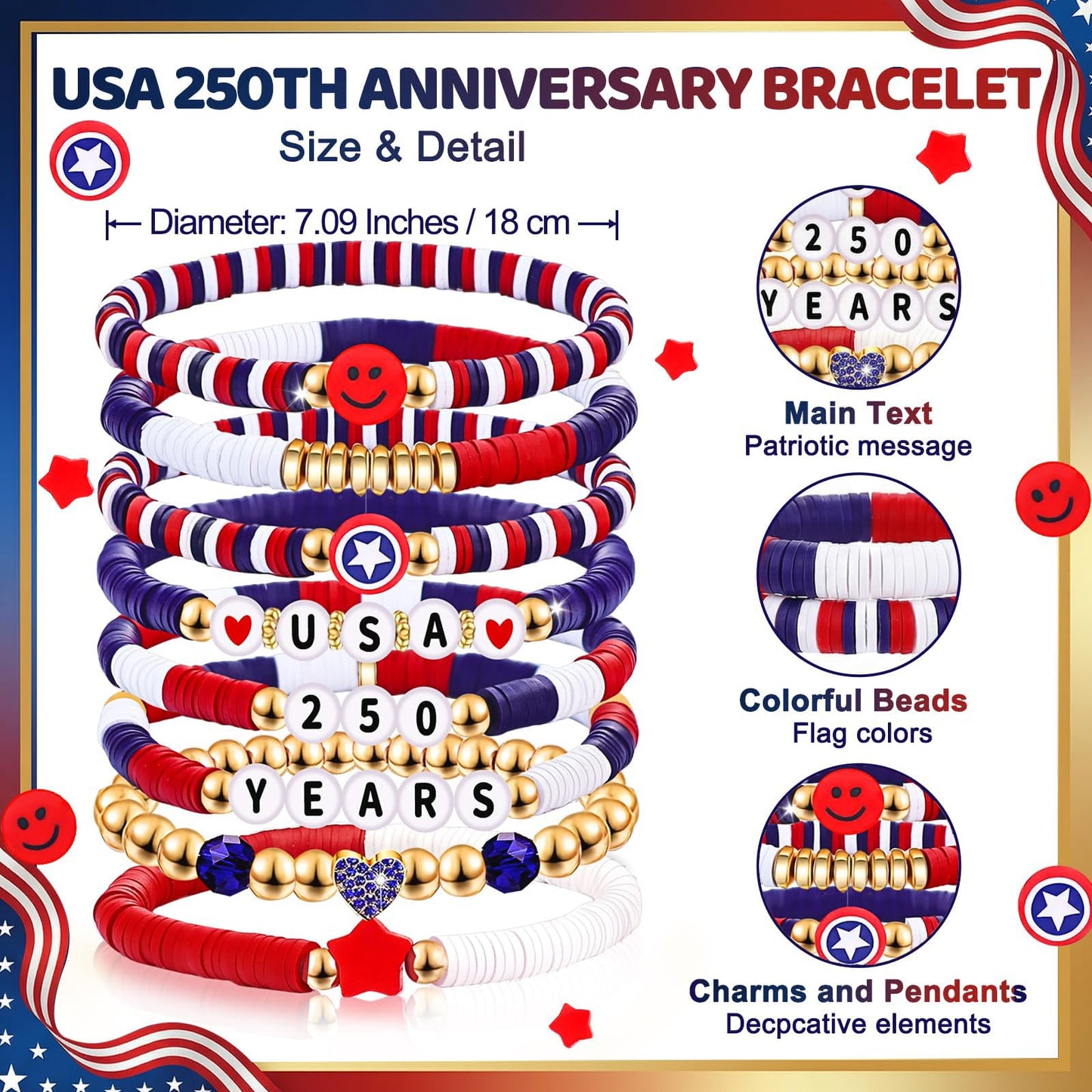 lakayfimily 250 Anniversary USA Merchandise for Women Men Teens Red White Blue Clay Beaded Stretch Bracelets USA Patriotic Jewelry 4th of July Accessories