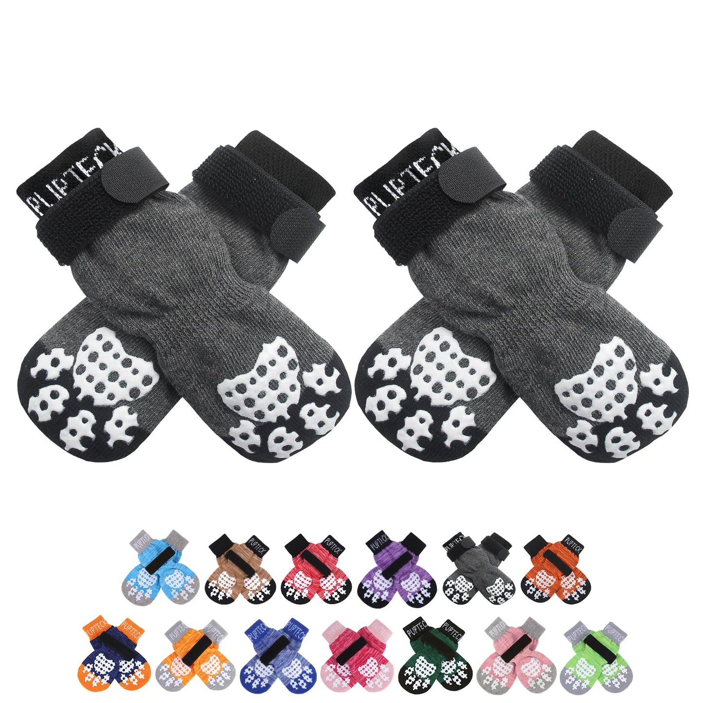 PUPTECK Anti-Slip Dog Socks with Double Sides Grips for Small Medium Large Dogs Hardwood Floors Prevents Licking, Dog Shoes for Hot Pavement Traction Control Paw Protector for Senior Dogs, Grey L