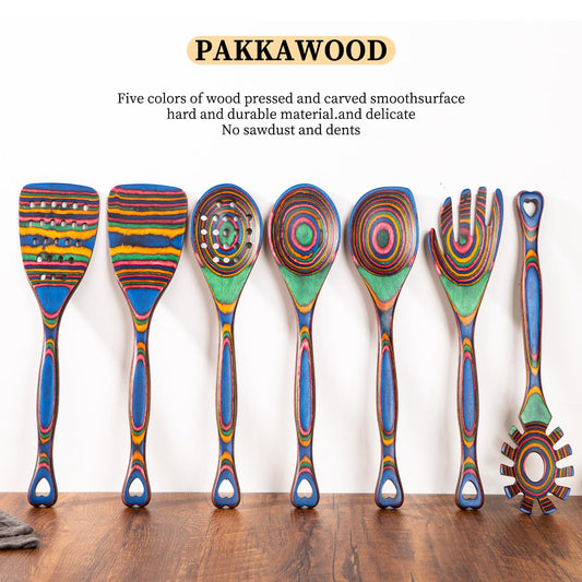 Gudamaye Pakkawood 7-Piece Wooden Cooking Utensils, Wooden Spoons for cooking, Pakkawood kitchen Utensils for Cooking, Non-Stick Spoon, Household Essentials, Heat-Resistant Spoons