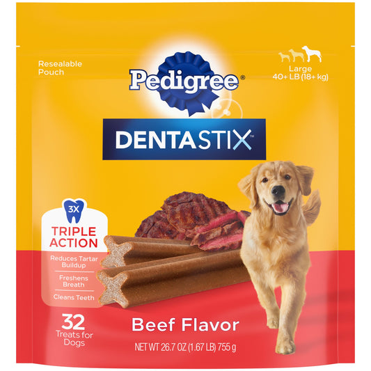 Pedigree Dentastix Large Dog Dental Treats Beef Flavor Dental Bones, 1.67 lb. Pack (32 Treats)