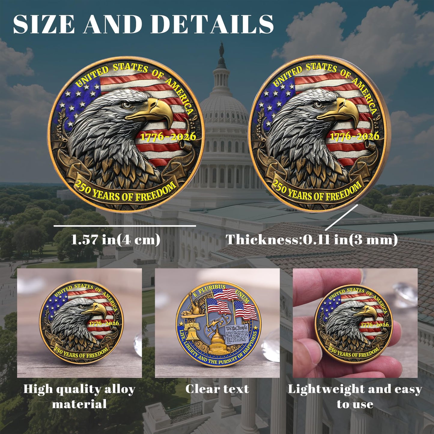 USA 250th Anniversary Commemorative Coin - American Eagle & Patriotic Symbols Collectible - America 250 Merchandise for Celebration & Gifting (1776-2026) (250 Eagle)