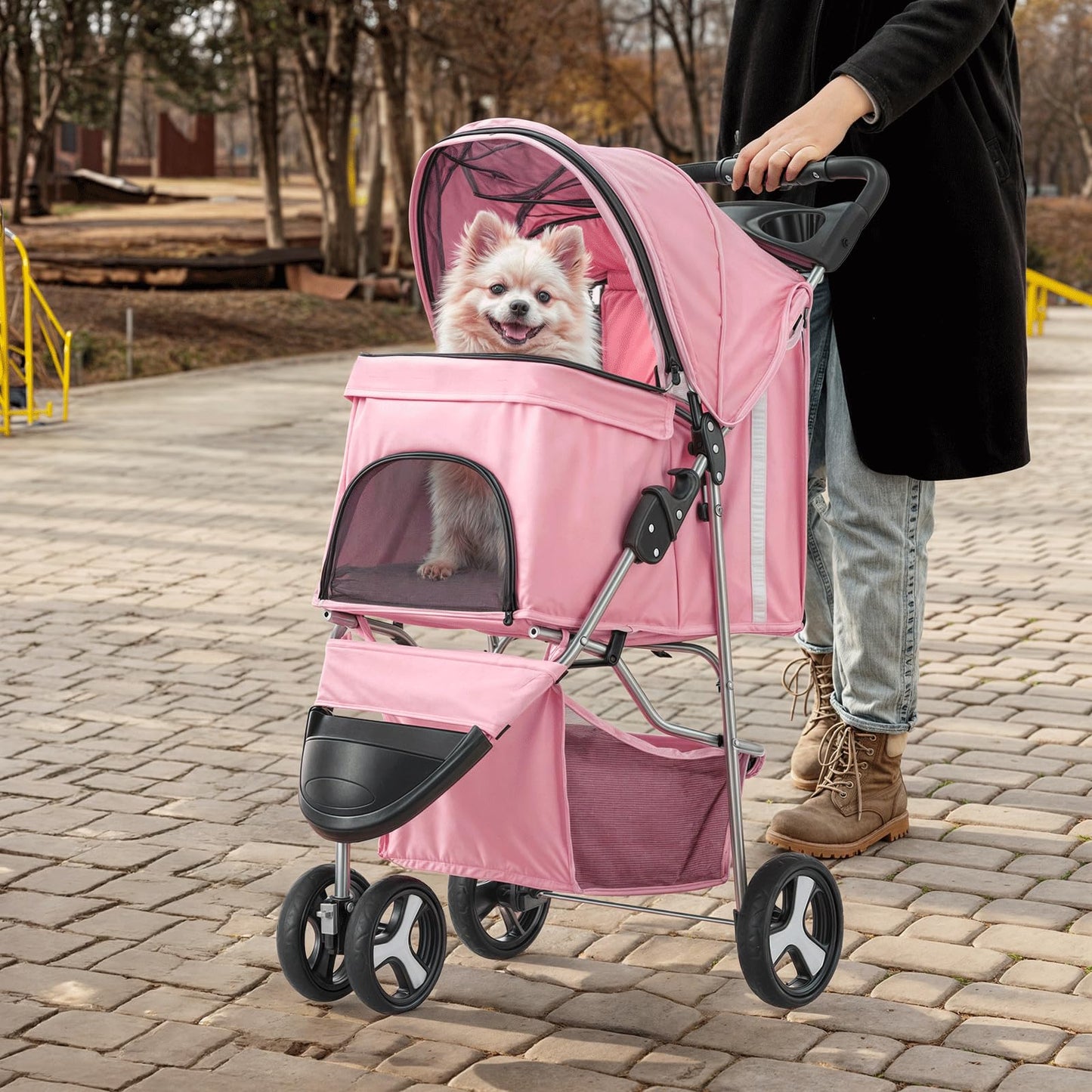 MoNiBloom Foldable 3-Wheel Pet Stroller with Storage, Cup Holder, and Waterproof Cover for Small Dogs and Cats