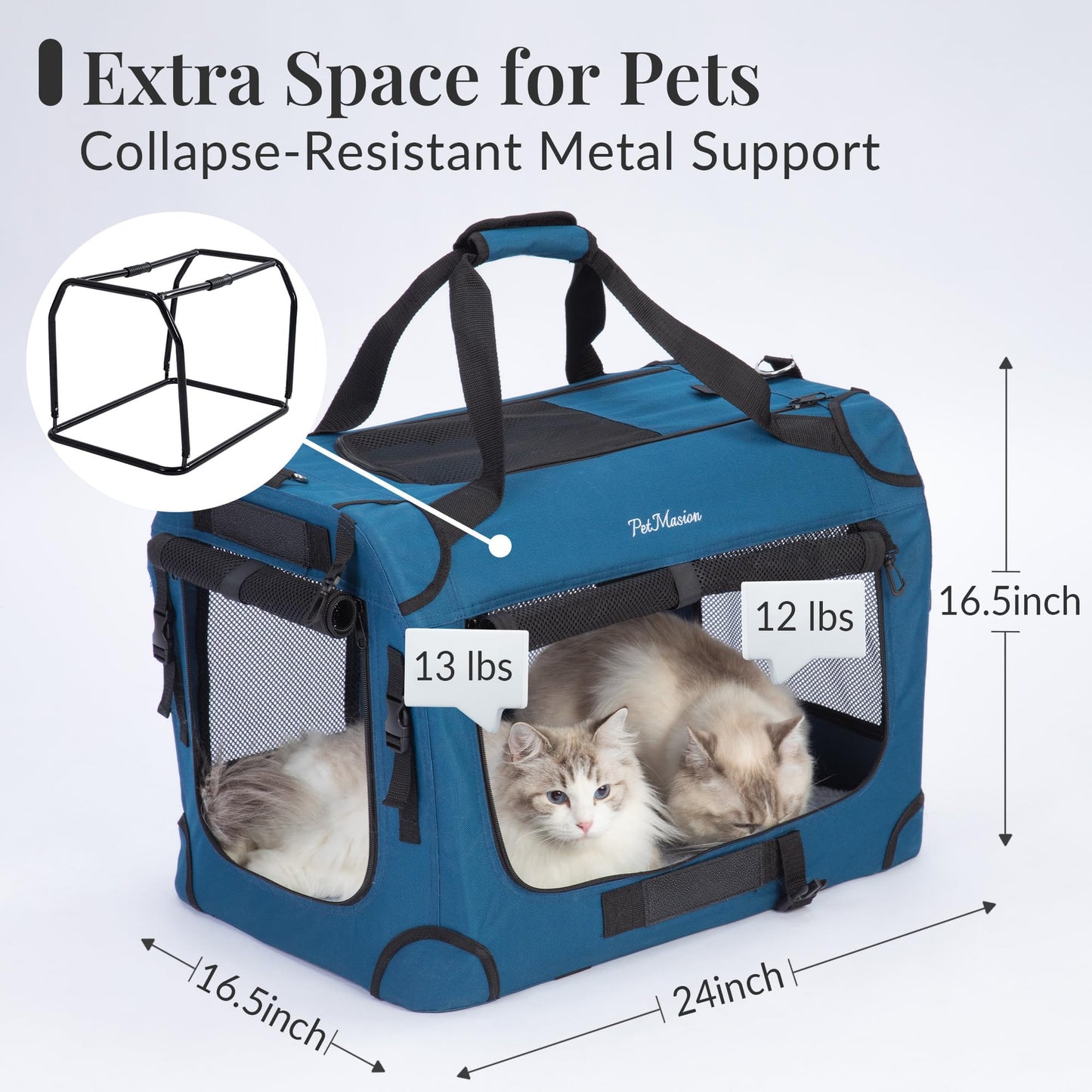 PetMasion Extra Large Cat Carrier for 2 Cats, Collapsible Soft Sided Pet XL Crate for Large Mudium Big Cat 20lbs+, Car Travel Portable Bag for Long Trips Ride 24"x16.5"x16.5"