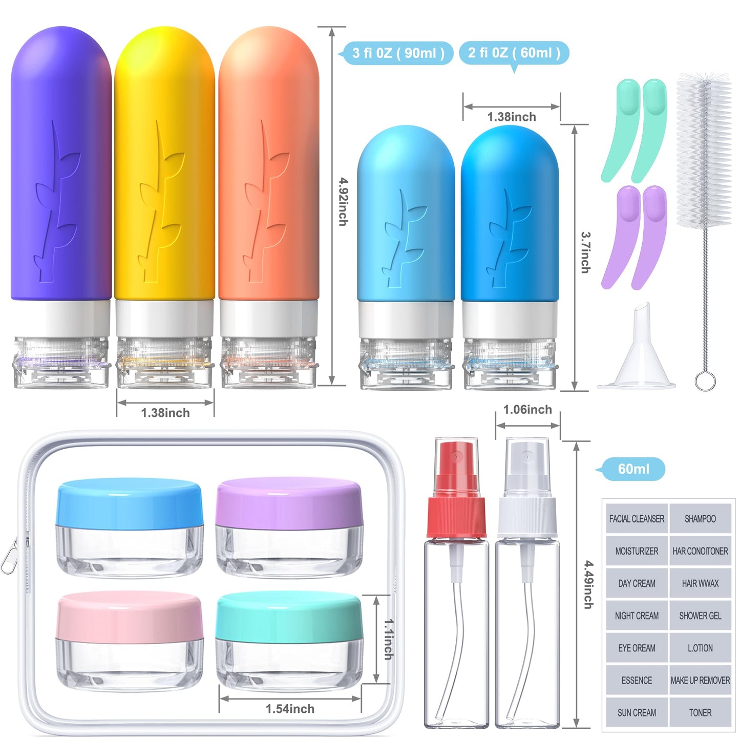 Aeomni 19pack Travel Bottles for Toiletries, TSA Approved Silicone Size Containers for toiletries, Refillable & Leakproof Travel shampoo and conditioner bottles